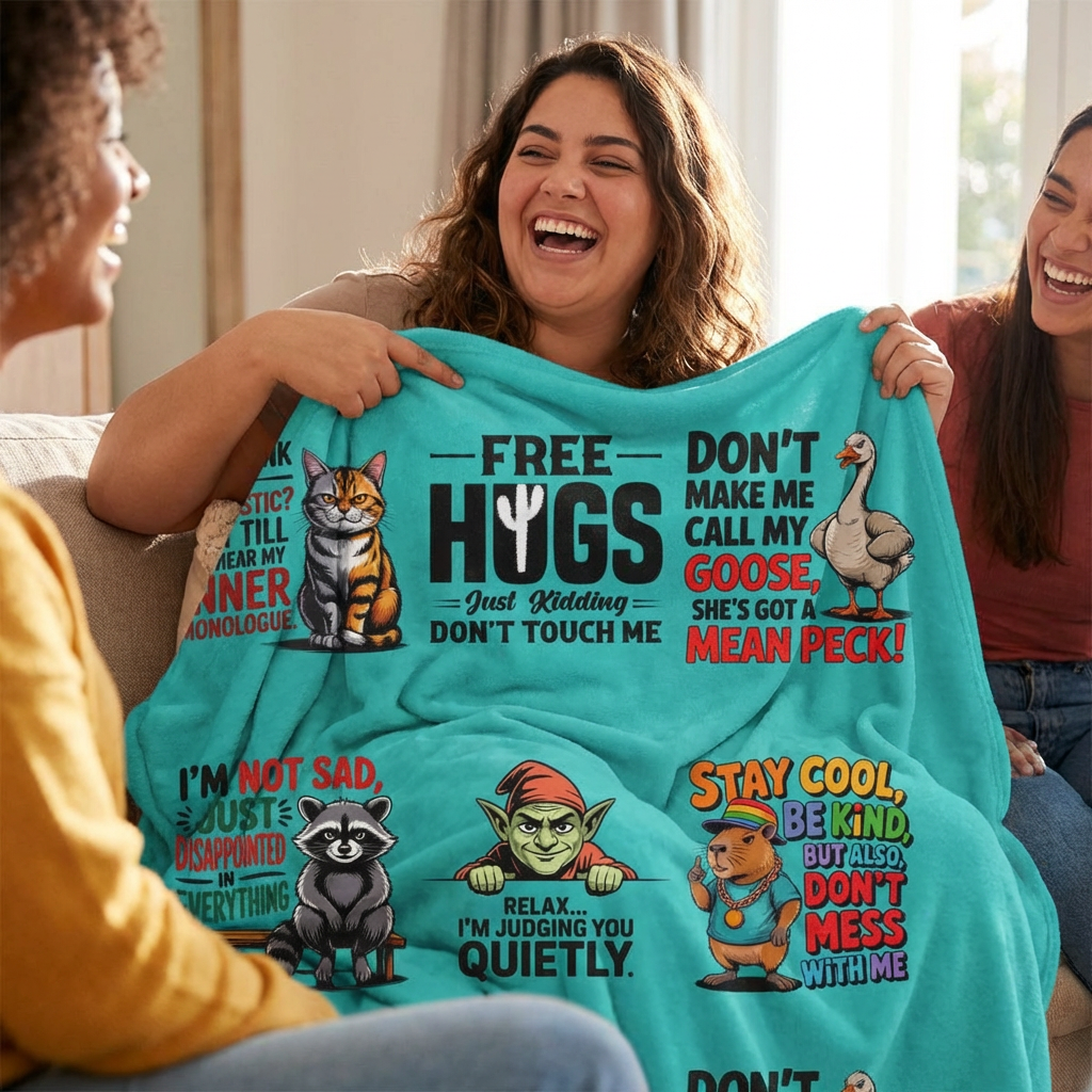 Funny Animal Quote Minky Blanket — 'Free Hugs (Just Kidding)' Cozy Throw for Home &amp; Gifts