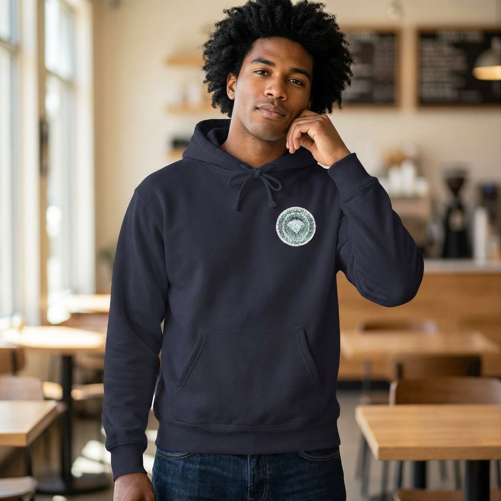 Diamond white Hoodie with Green Floral Emblem — Minimal Botanical Chest Print