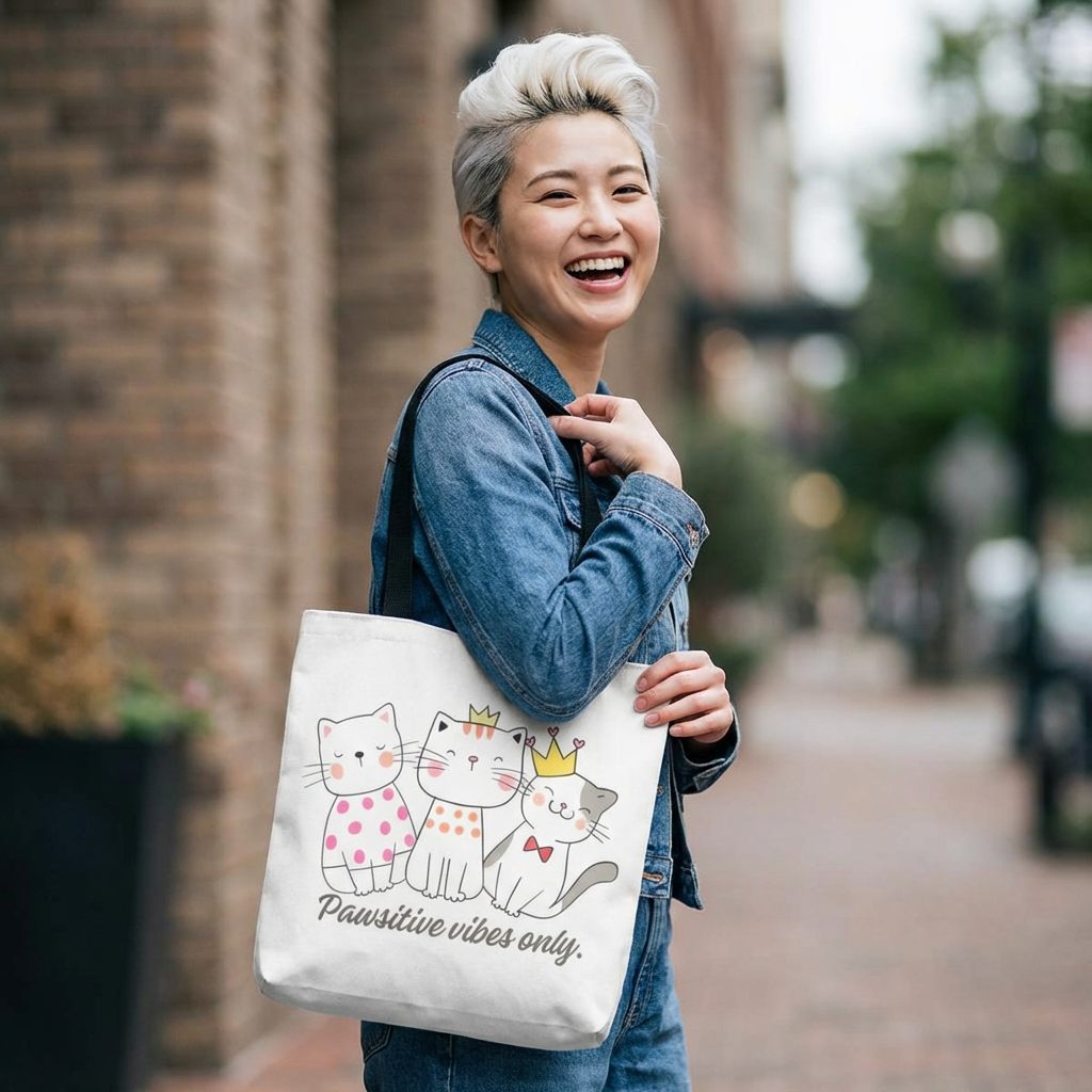 Pawsitive Vibes Only Cat Tote product thumbnail image Pawsitive Vibes Only Cat Tote product thumbnail image