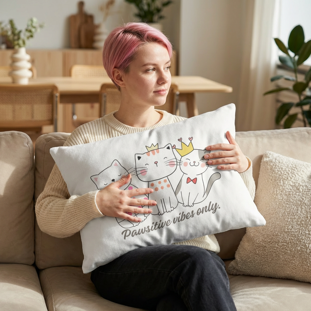 Pawsitive Vibes Only Lumbar Pillow — Cute Trio Cats Decorative Cushion