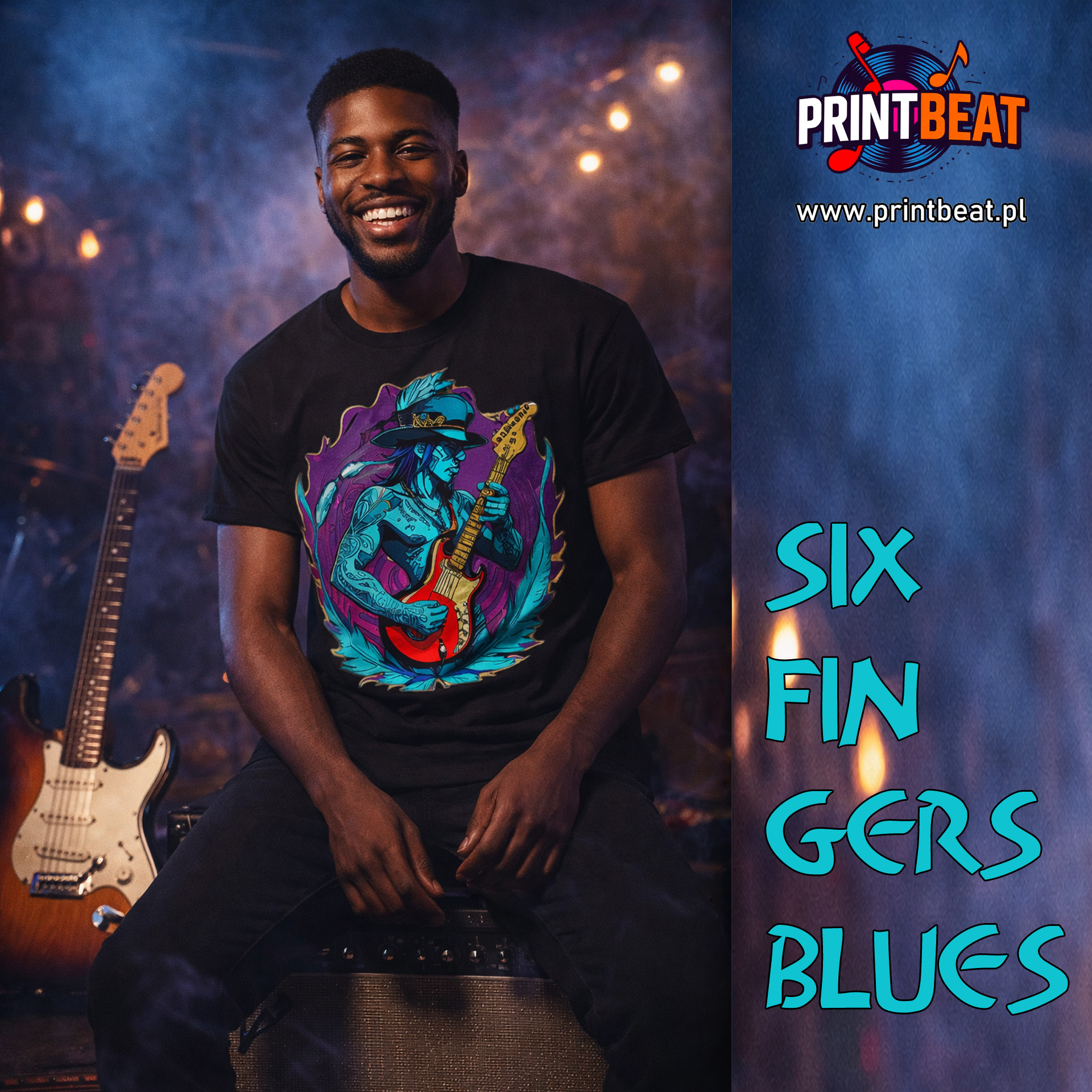 "Six Fingers Blues" Guitarist Graphic T-Shirt — Neon Blues Rock Music Tee product thumbnail image "Six Fingers Blues" Guitarist Graphic T-Shirt — Neon Blues Rock Music Tee product thumbnail image