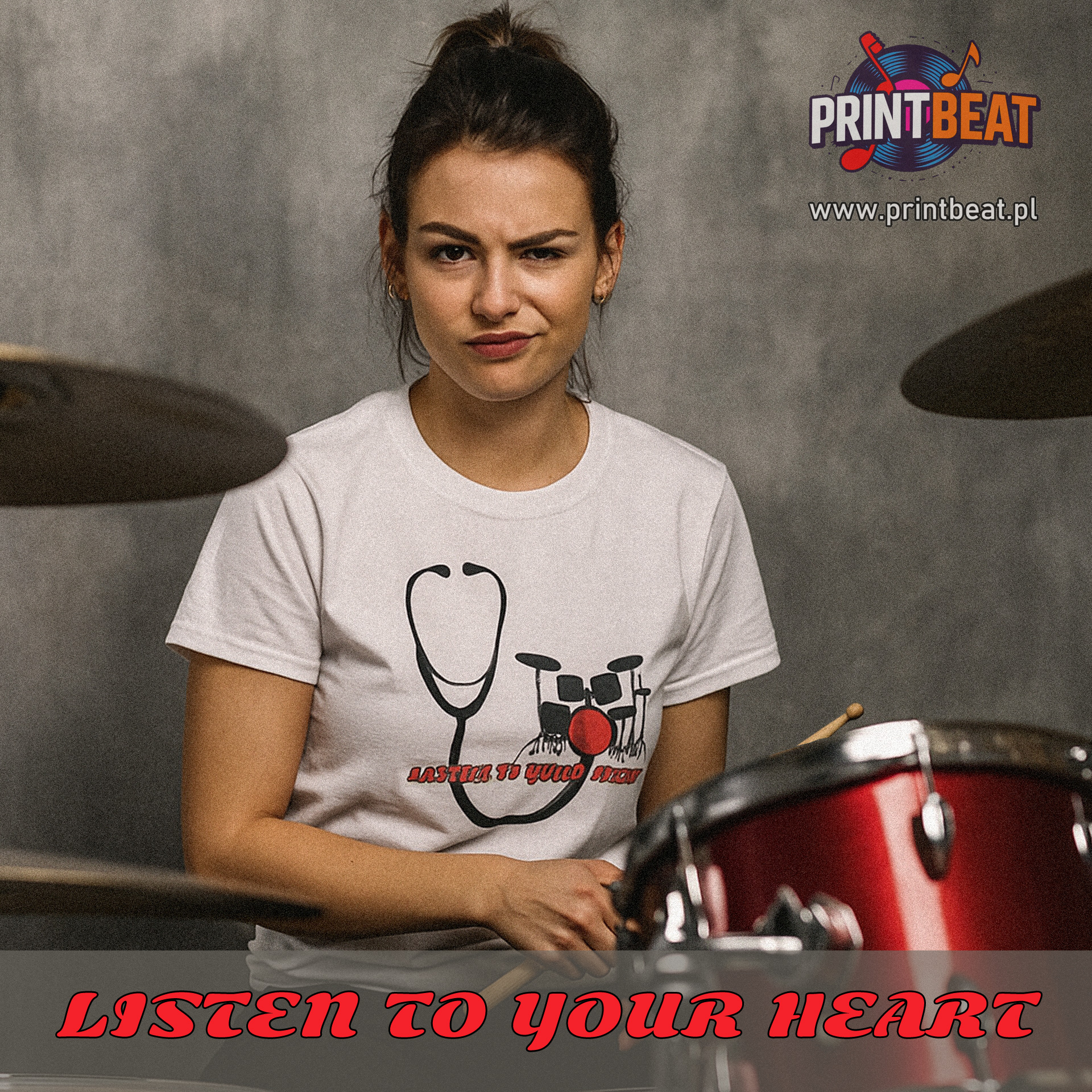 " LISTEN TO YOUR HEART" Women's Tee — "Listen to Your Heart" Stethoscope + Drum Graphic product thumbnail image " LISTEN TO YOUR HEART" Women's Tee — "Listen to Your Heart" Stethoscope + Drum Graphic product thumbnail image