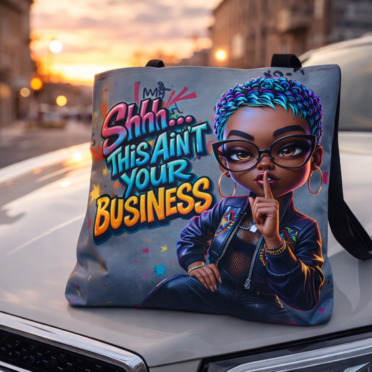 "Shhh... This Ain't Your Business" Afro Punk Illustration Tote Bag product thumbnail image "Shhh... This Ain't Your Business" Afro Punk Illustration Tote Bag product thumbnail image