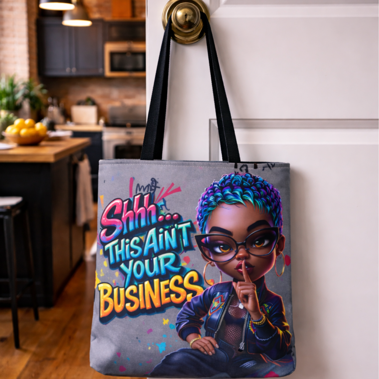 "Shhh... This Ain't Your Business" Afro Punk Illustration Tote Bag product thumbnail image "Shhh... This Ain't Your Business" Afro Punk Illustration Tote Bag product thumbnail image