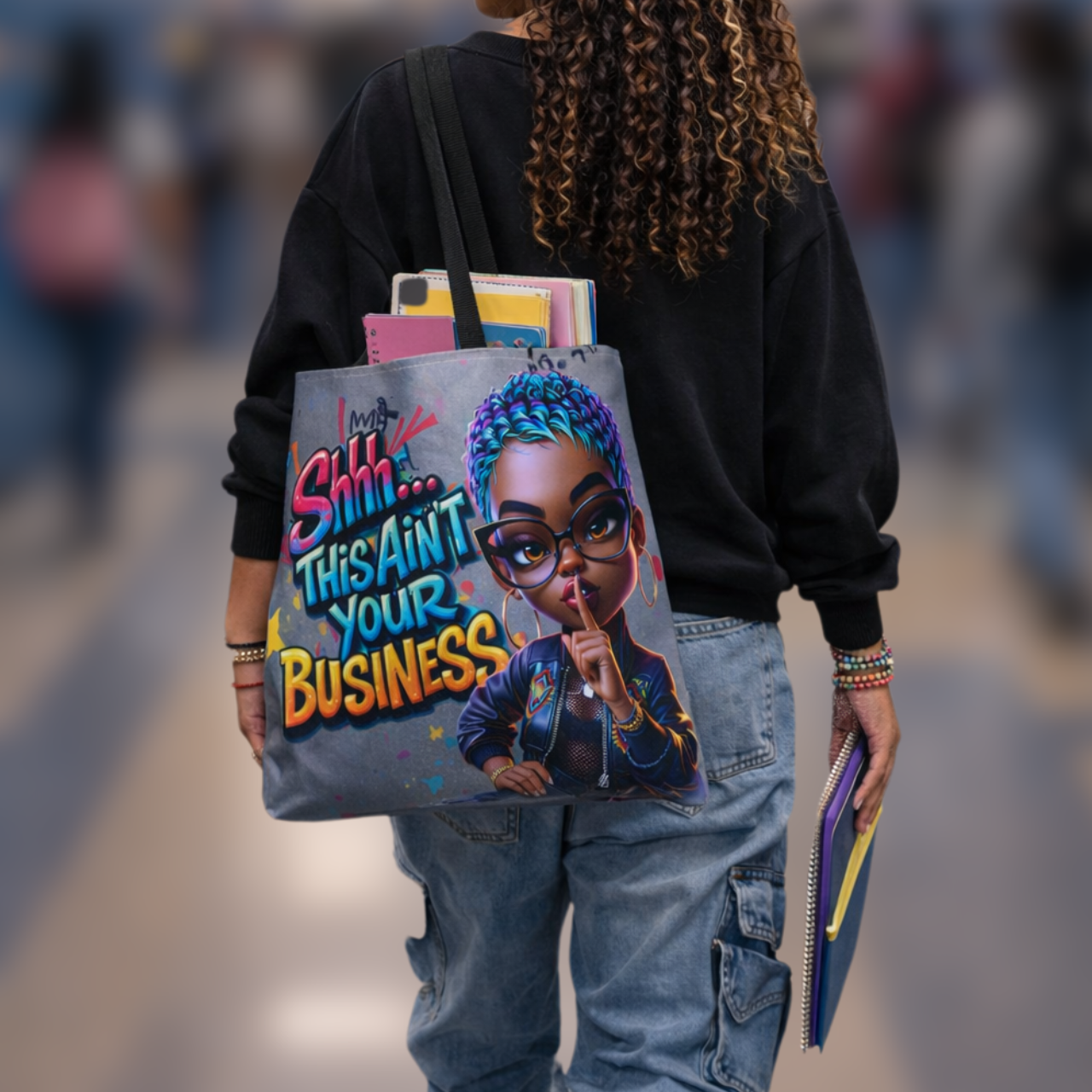 "Shhh... This Ain't Your Business" Afro Punk Illustration Tote Bag product thumbnail image