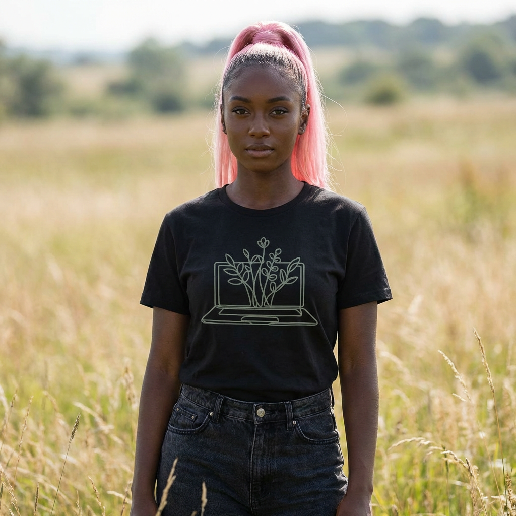 Laptop Planter Tee — Green DOS Line Art with Plants Growing from Keyboard product thumbnail image