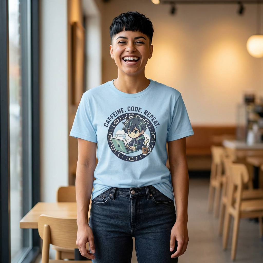 Caffeine. Code. Repeat. Programmer Graphic Tee — Cute Coding Laptop T-Shirt product thumbnail image