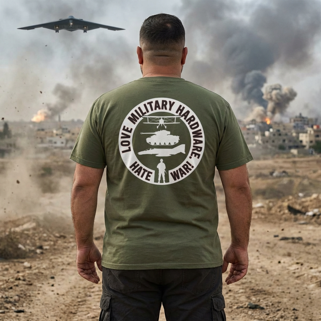 Love Military Hardware, Hate War T-Shirt | Anti-War Emblem Tee by Big Sky Stearman. product thumbnail image Love Military Hardware, Hate War T-Shirt | Anti-War Emblem Tee by Big Sky Stearman. product thumbnail image