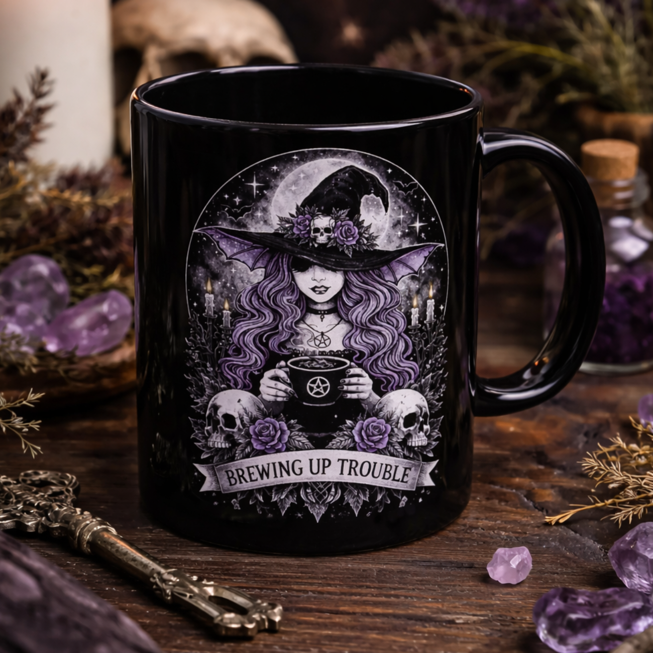 Witch Brewing Up Trouble Mug | Black Ceramic Coffee Cup product thumbnail image Witch Brewing Up Trouble Mug | Black Ceramic Coffee Cup product thumbnail image