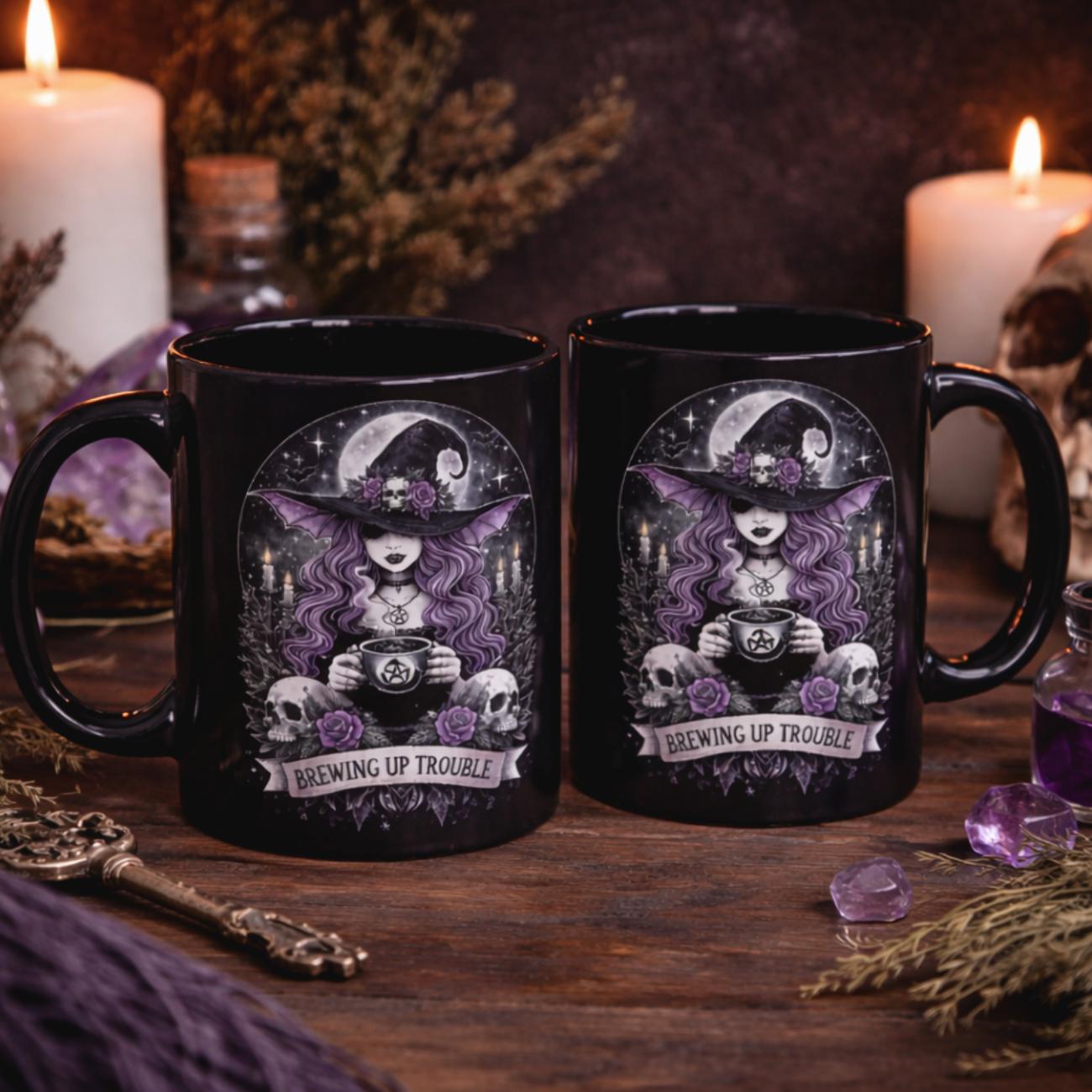 Witch Brewing Up Trouble Mug | Black Ceramic Coffee Cup product thumbnail image
