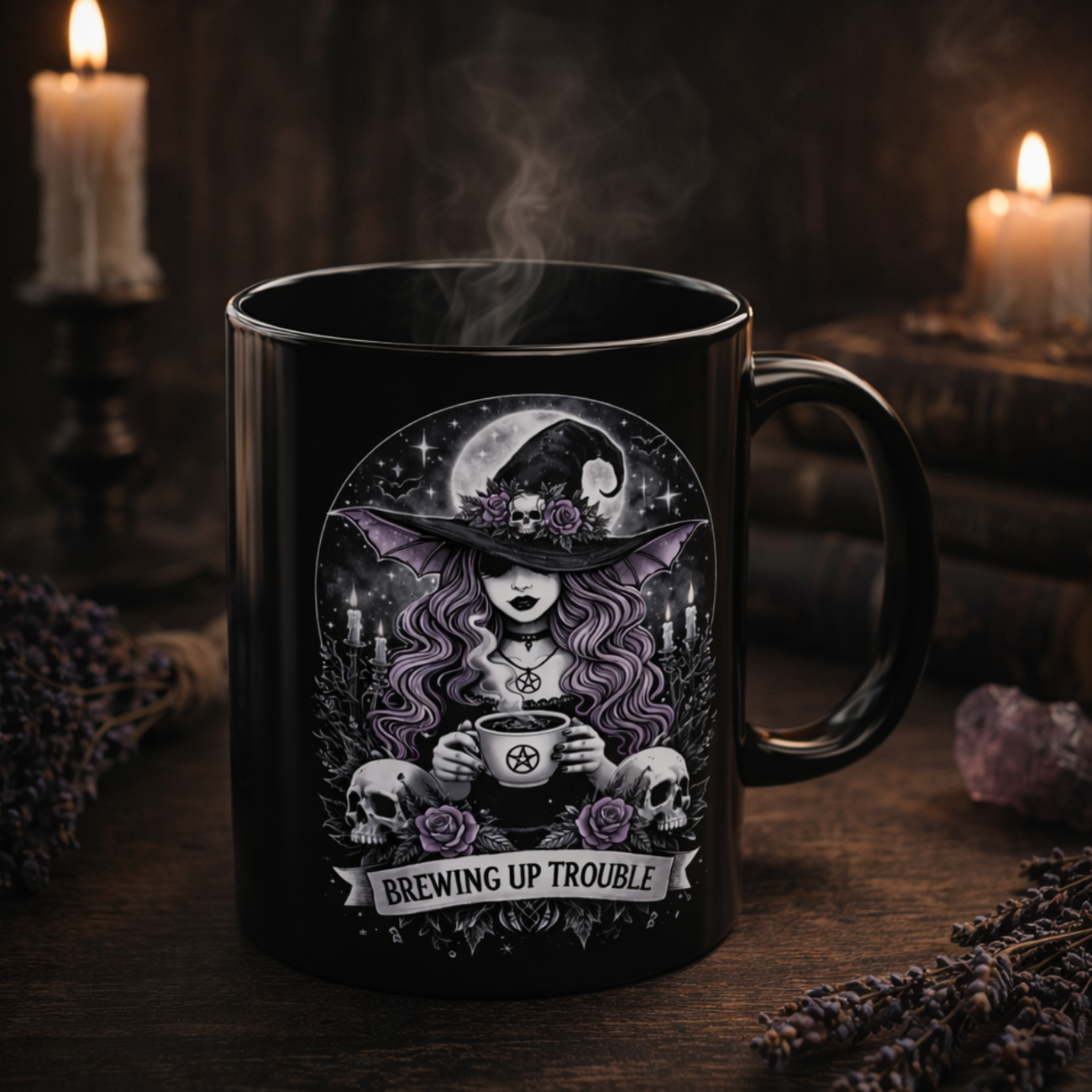 Witch Brewing Up Trouble Mug | Black Ceramic Coffee Cup product thumbnail image