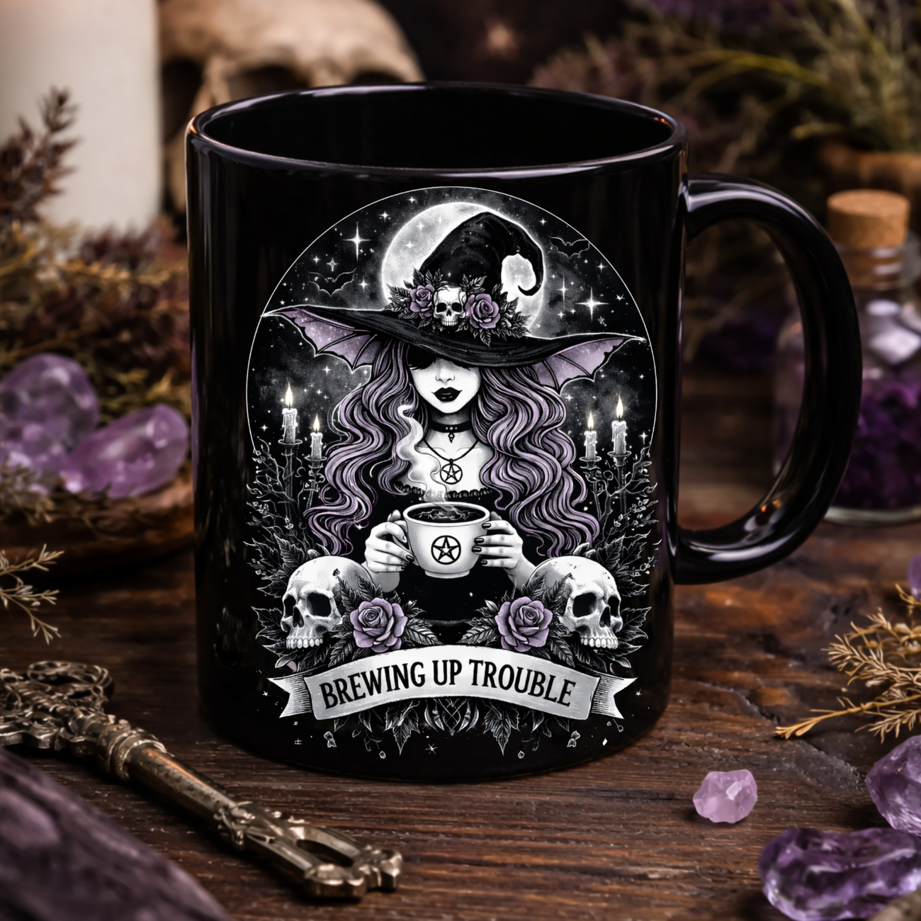 Witch Brewing Up Trouble Mug | Black Ceramic Coffee Cup product thumbnail image
