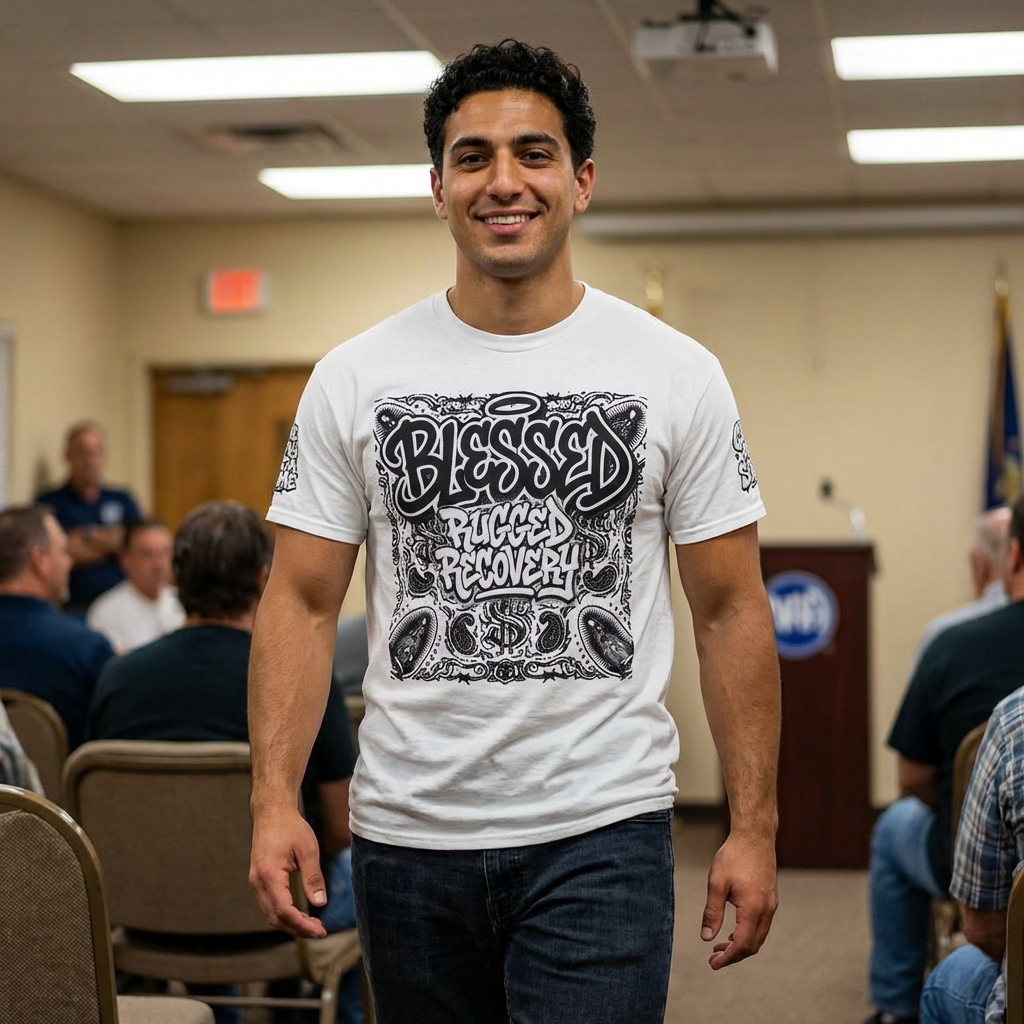 Blessed Recovery T-Shirt — 'Blessed, Rugged Recovery' Graffiti Prayer Tee product thumbnail image Blessed Recovery T-Shirt — 'Blessed, Rugged Recovery' Graffiti Prayer Tee product thumbnail image