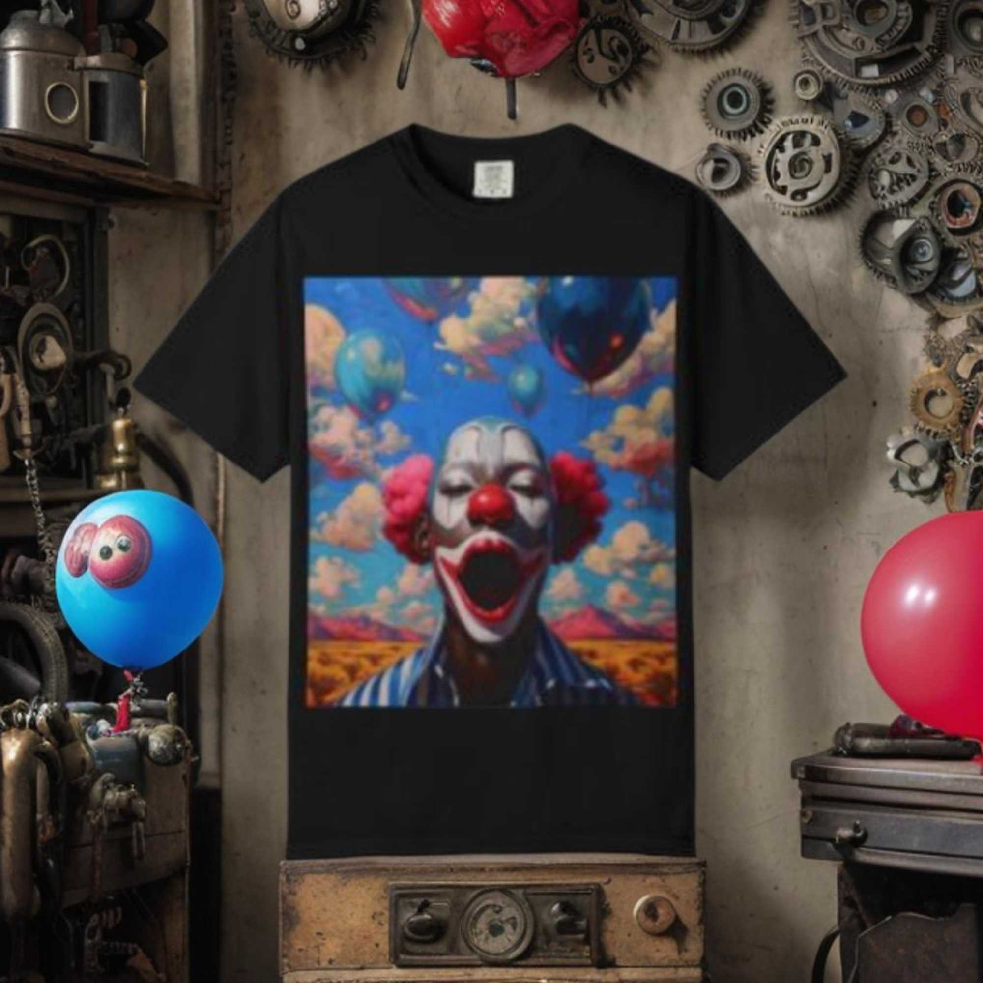 Creepy Clown Balloon T-Shirt — Surreal Carnival Graphic Tee