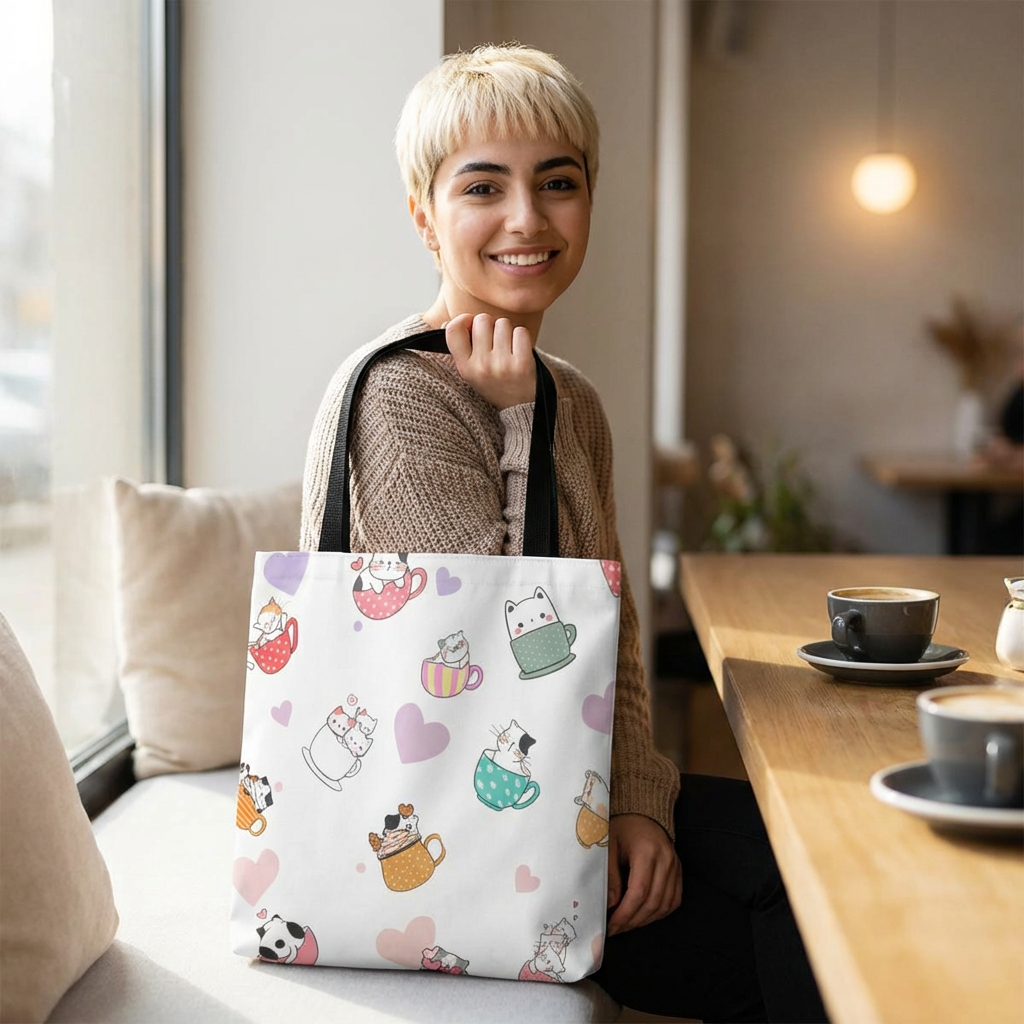Cute Cats in Teacups Tote Bag — Kawaii Cat Pattern All-Over Print Tote product thumbnail image