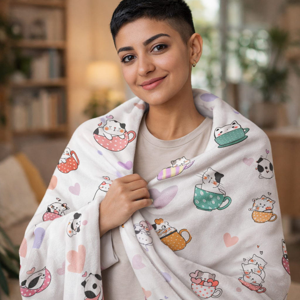 Cute Cats in Teacups Sherpa Fleece Blanket – Cozy Heart Pattern
