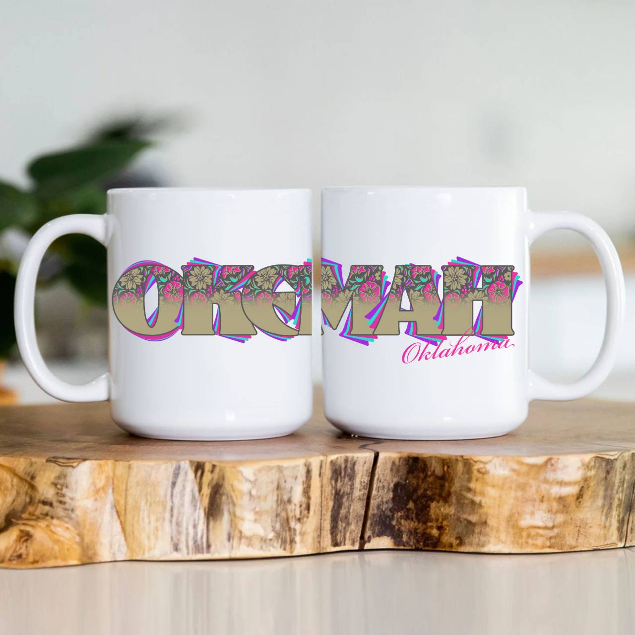Okemah, Oklahoma Floral Graffiti Ceramic Mug (11 oz &amp; 15 oz) – Vintage Urban Small-Town Design
