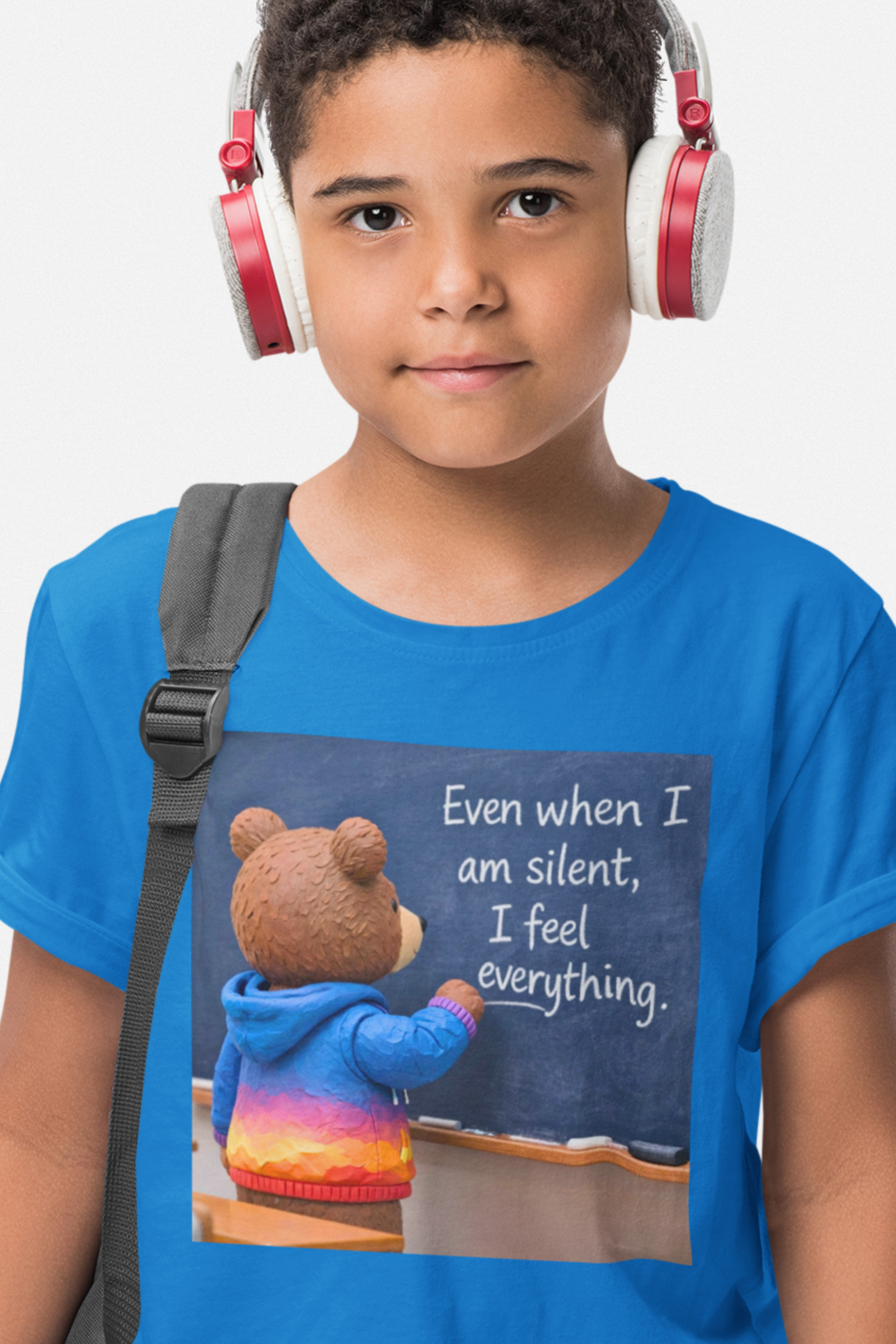 Gildan Unisex Kids Tee | Teddy at Chalkboard "Even when I am silent, I feel everything" | Autism Awareness Neurodiversity Acceptance Understanding and Empowerment Graphic T-Shirt