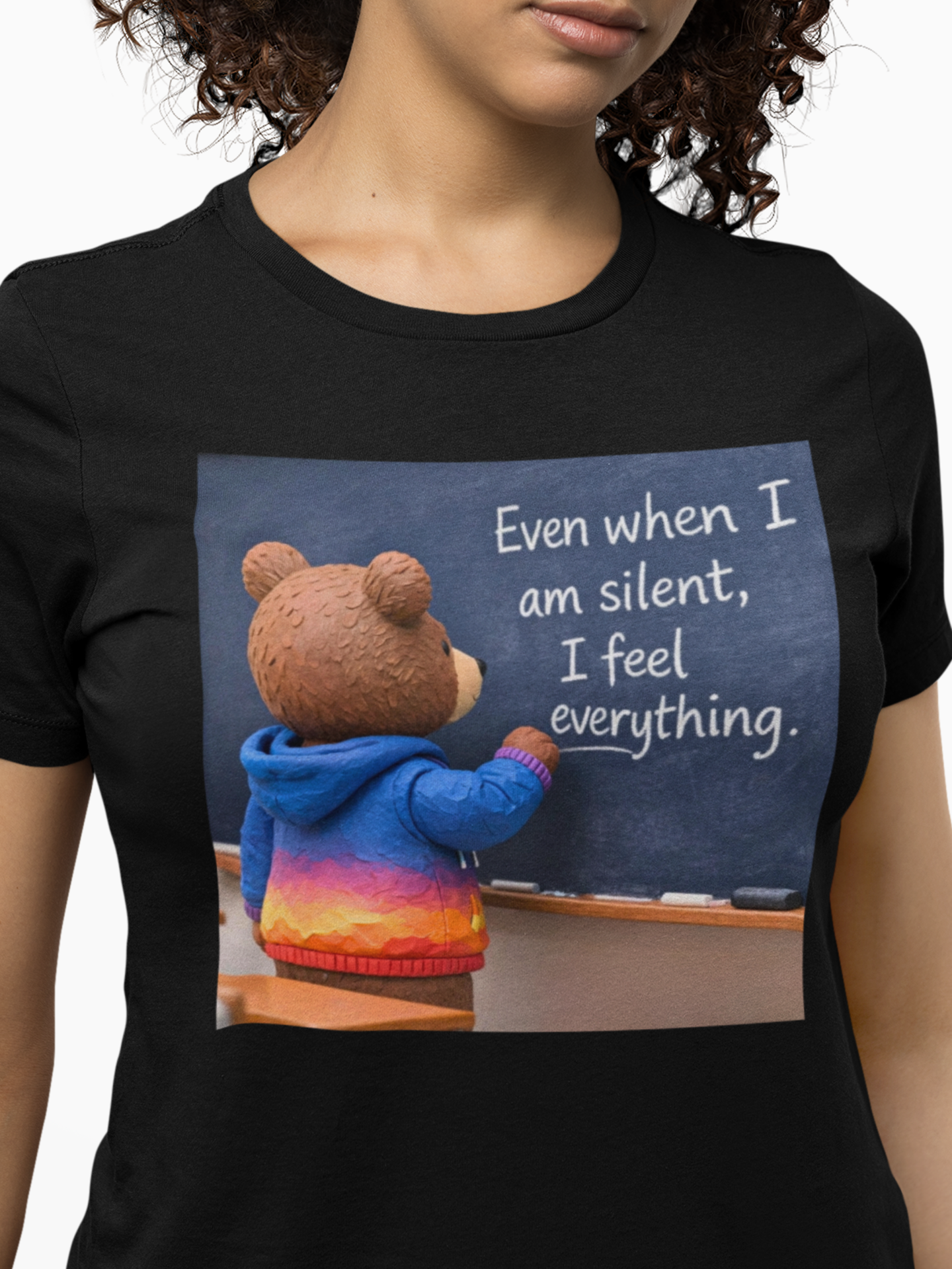 Teddy Bear at Chalkboard Gildan Unisex T-Shirt |"Even When I Am Silent, I Feel Everything" | Autism Awareness Neurodiversity Acceptance Understanding and Empowerment Graphic Tee product thumbnail image Teddy Bear at Chalkboard Gildan Unisex T-Shirt |"Even When I Am Silent, I Feel Everything" | Autism Awareness Neurodiversity Acceptance Understanding and Empowerment Graphic Tee product thumbnail image