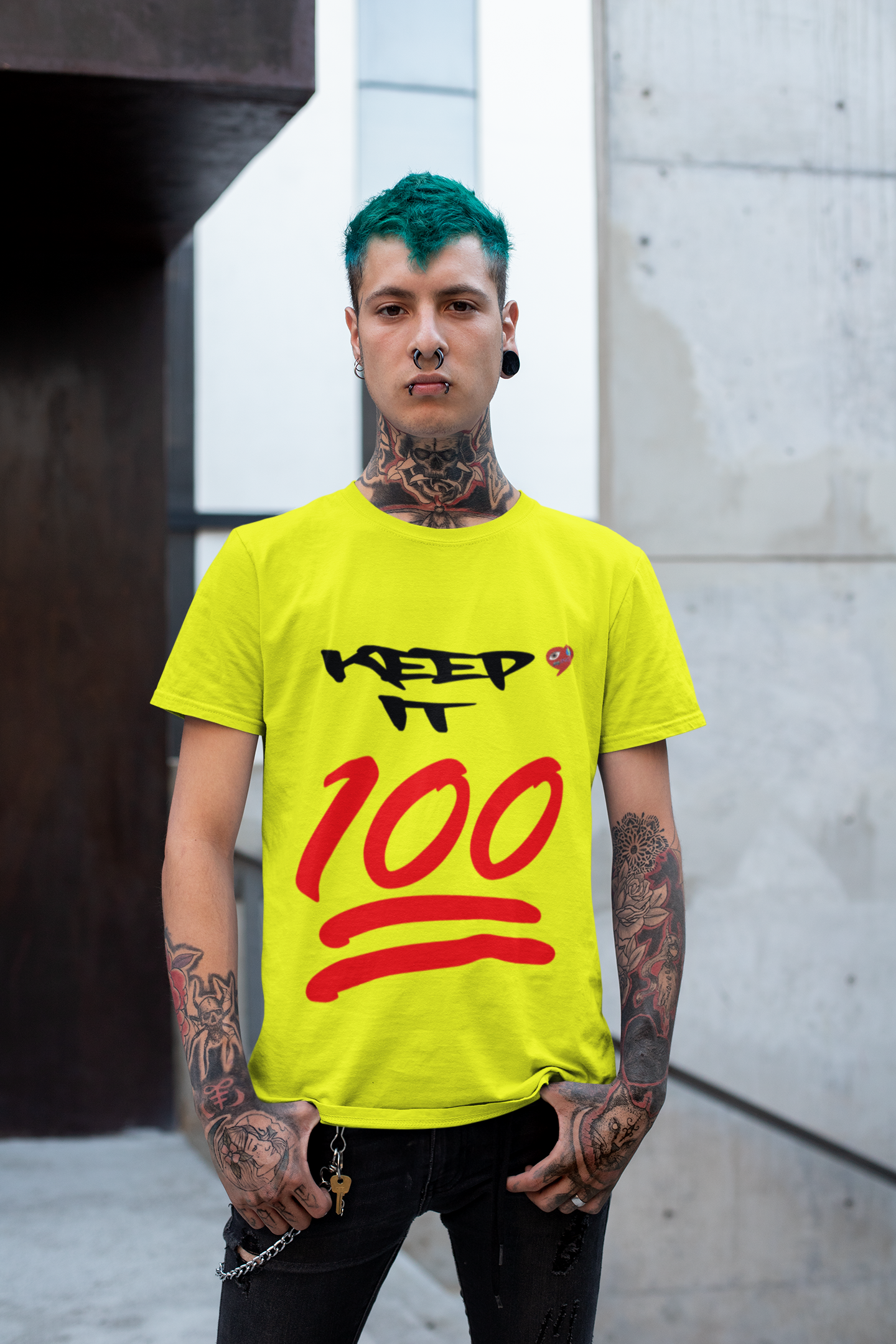 Keep It 100 T‑Shirt — Red 100 Emoji Graphic Tee product thumbnail image