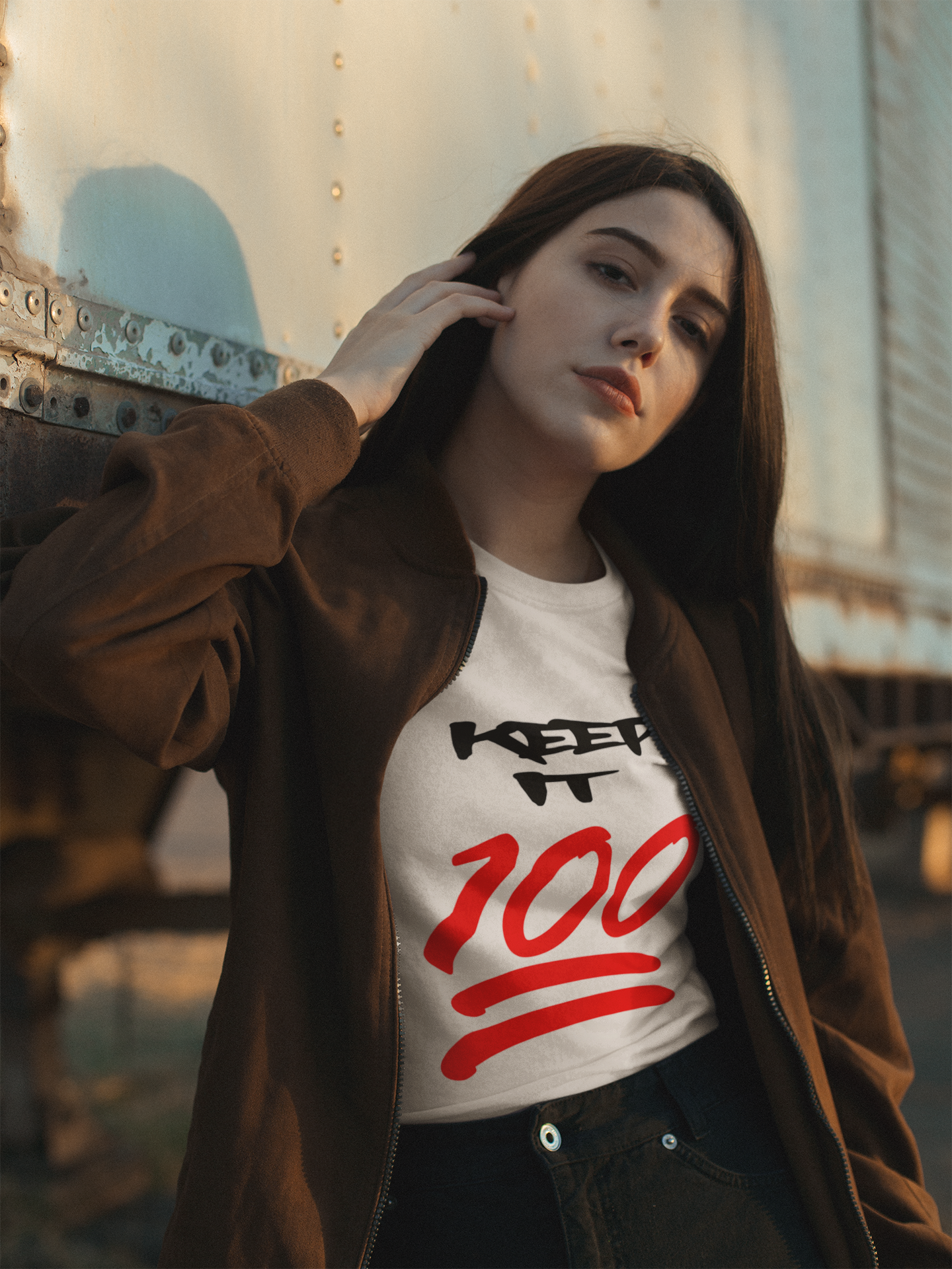 Keep It 100 T‑Shirt — Red 100 Emoji Graphic Tee product thumbnail image