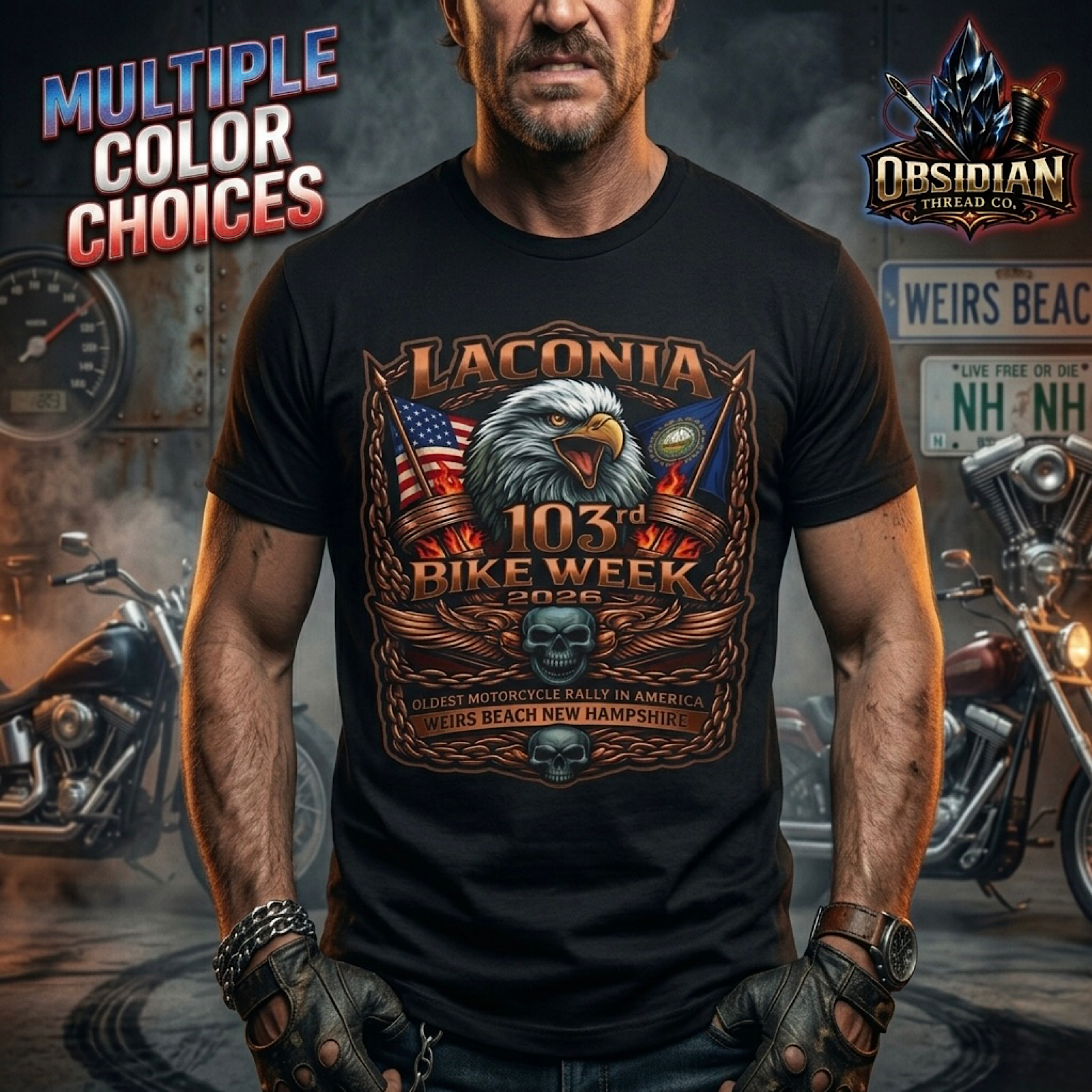Laconia Bike Week 2026 Shirt 103rd Rally Eagle Skull NH Biker Tee USA No Harley product thumbnail image Laconia Bike Week 2026 Shirt 103rd Rally Eagle Skull NH Biker Tee USA No Harley product thumbnail image