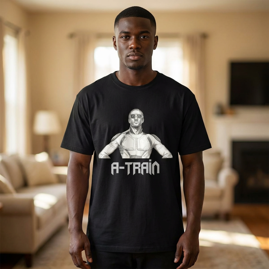 A-Train Graphic Tee — Retro Superhero Chest Illustration