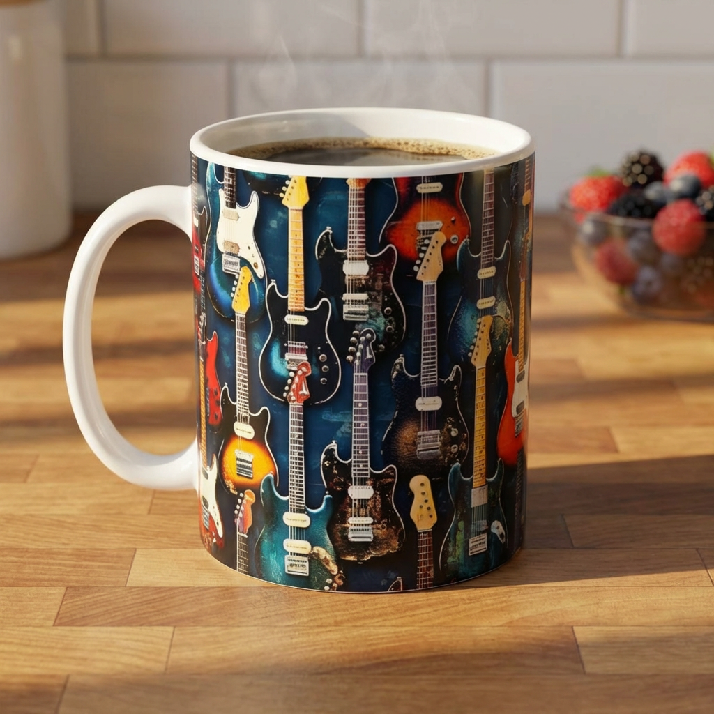 Guitar Pattern Ceramic Mug – Electric &amp; Acoustic Guitar Coffee Cup (11oz/15oz)