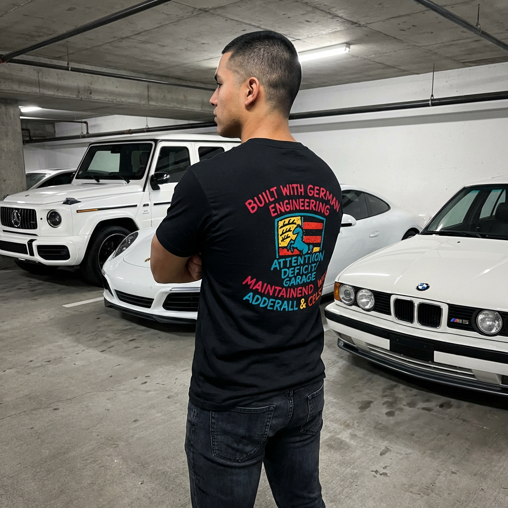 Built With German Engineering Tee – Porsche Crest Graffiti Shirt by Attention Deficit Garage