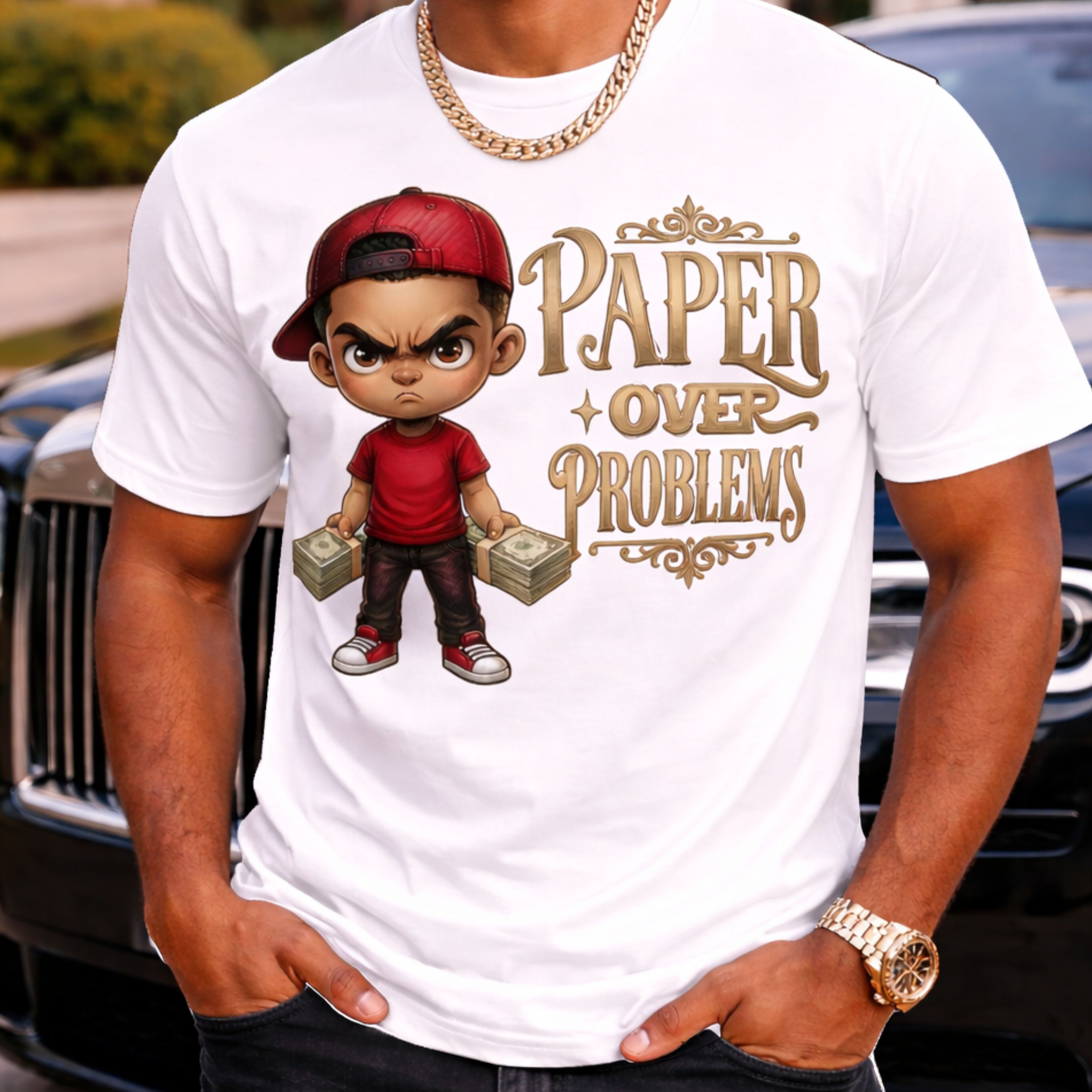 T-Shirt — Paper Over Problems Graphic Tee (Kid with Cash)