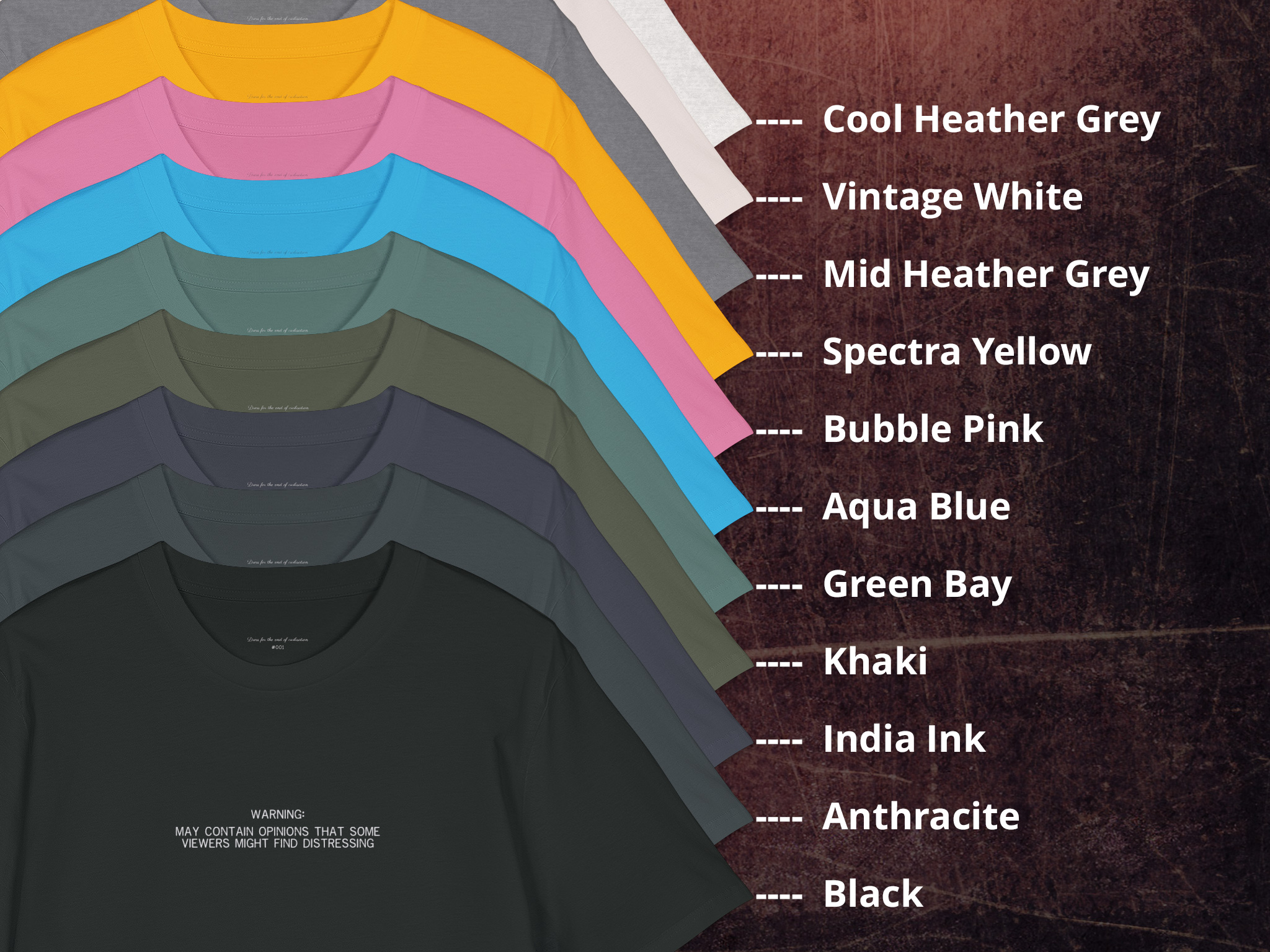 Warning: May Contain Opinions T-Shirt — Organic 'Dress for the End of Civilisation' Tee product thumbnail image Warning: May Contain Opinions T-Shirt — Organic 'Dress for the End of Civilisation' Tee product thumbnail image