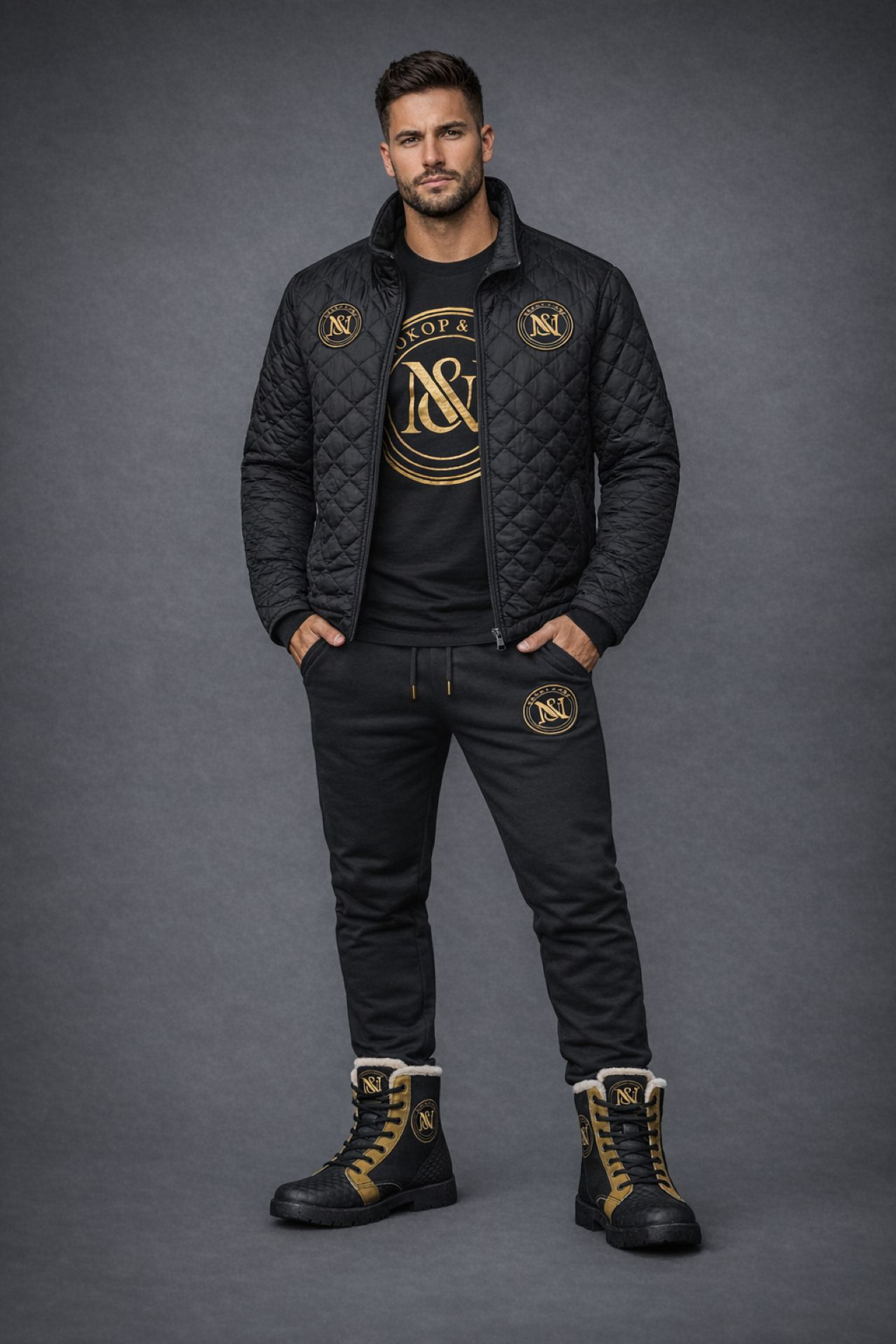 Men's Fur-Lined Leather Boots — Black & Gold Monogram Winter Work Boots product thumbnail image Men's Fur-Lined Leather Boots — Black & Gold Monogram Winter Work Boots product thumbnail image