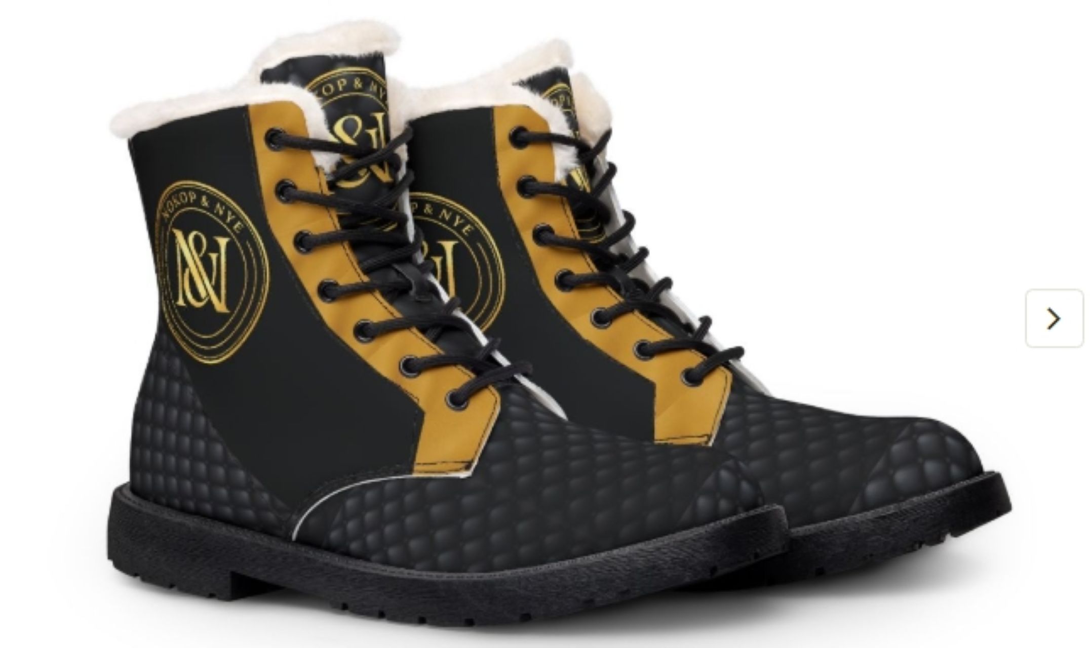 Men's Fur-Lined Leather Boots — Black &amp; Gold Monogram Winter Work Boots