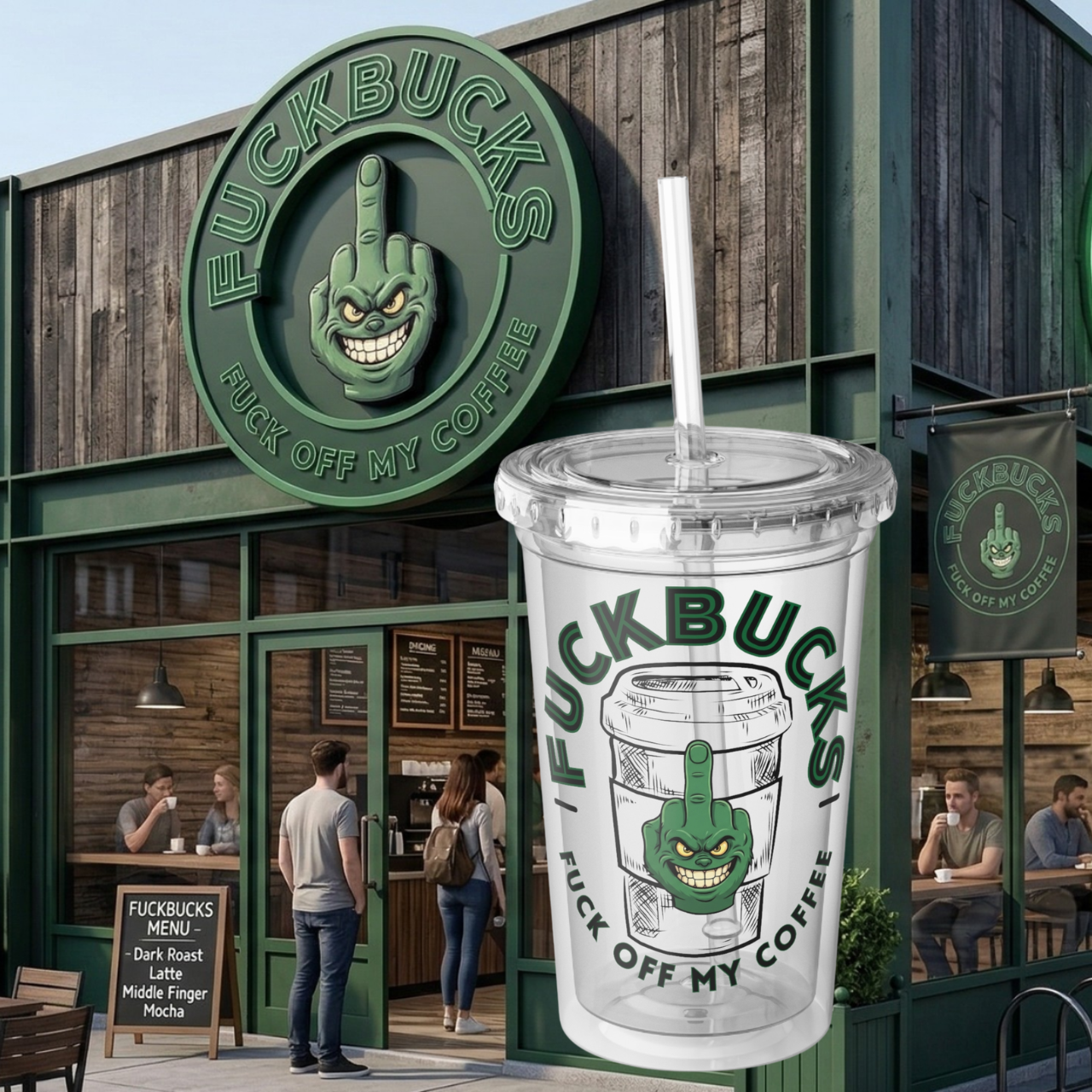 Acrylic Tumbler — "Fuckbucks" Coffee Cup with Middle Finger Mascot