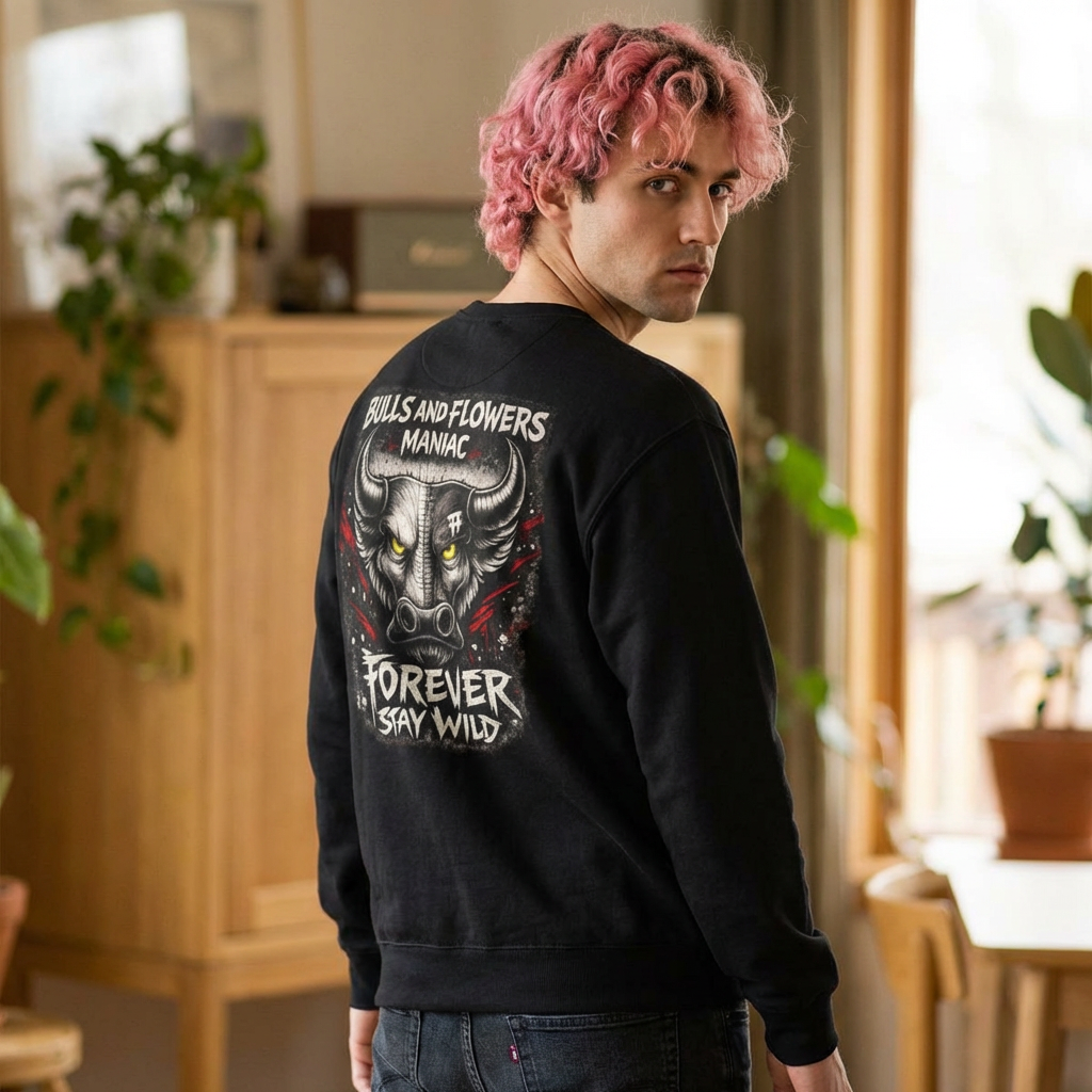 Bulls and Flowers Crewneck Sweatshirt — 'Forever Stay Wild' Graphic
