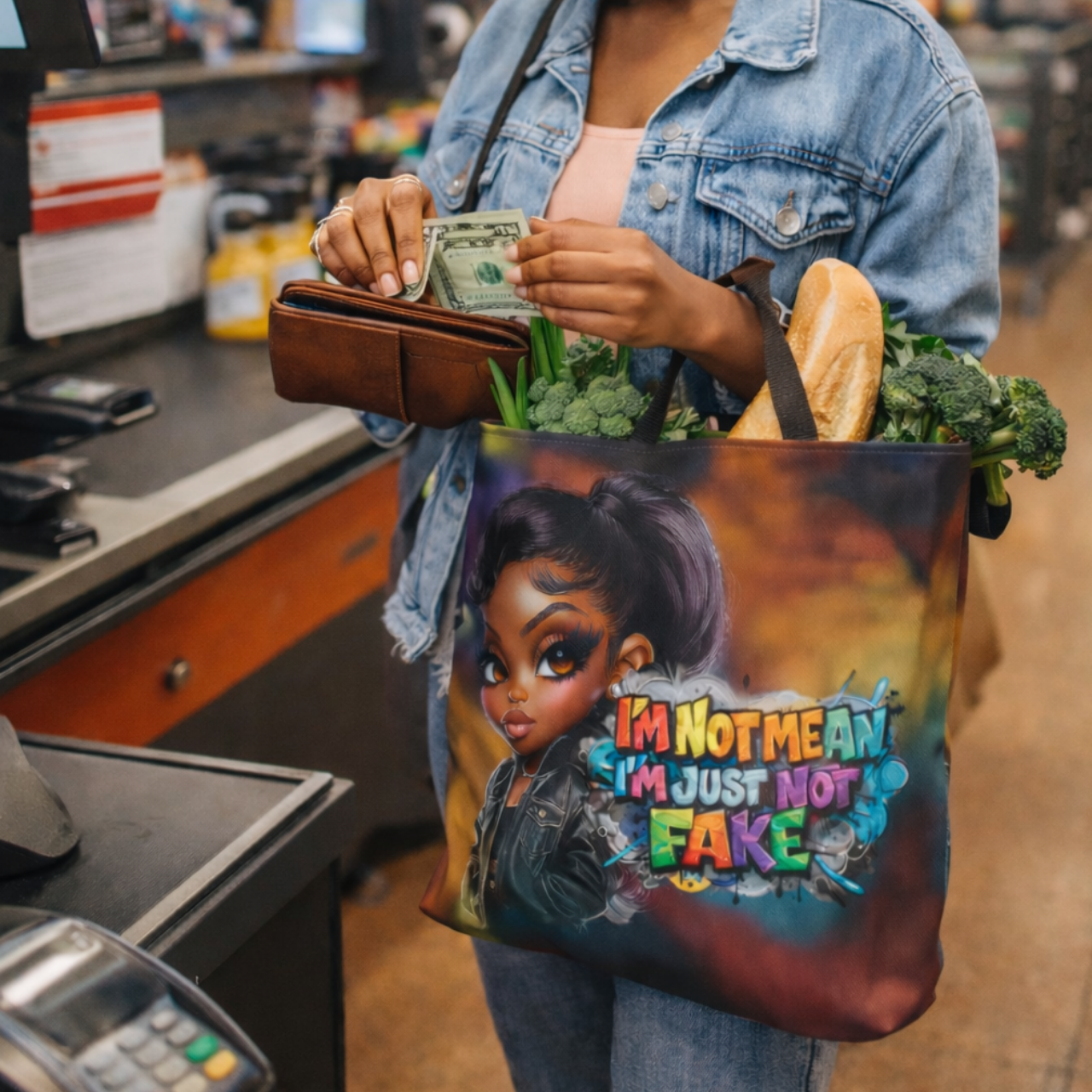 "I'm Not Mean, I'm Just Not Fake" Graphic Cartoon Girl All-Over Print Tote Bag product thumbnail image