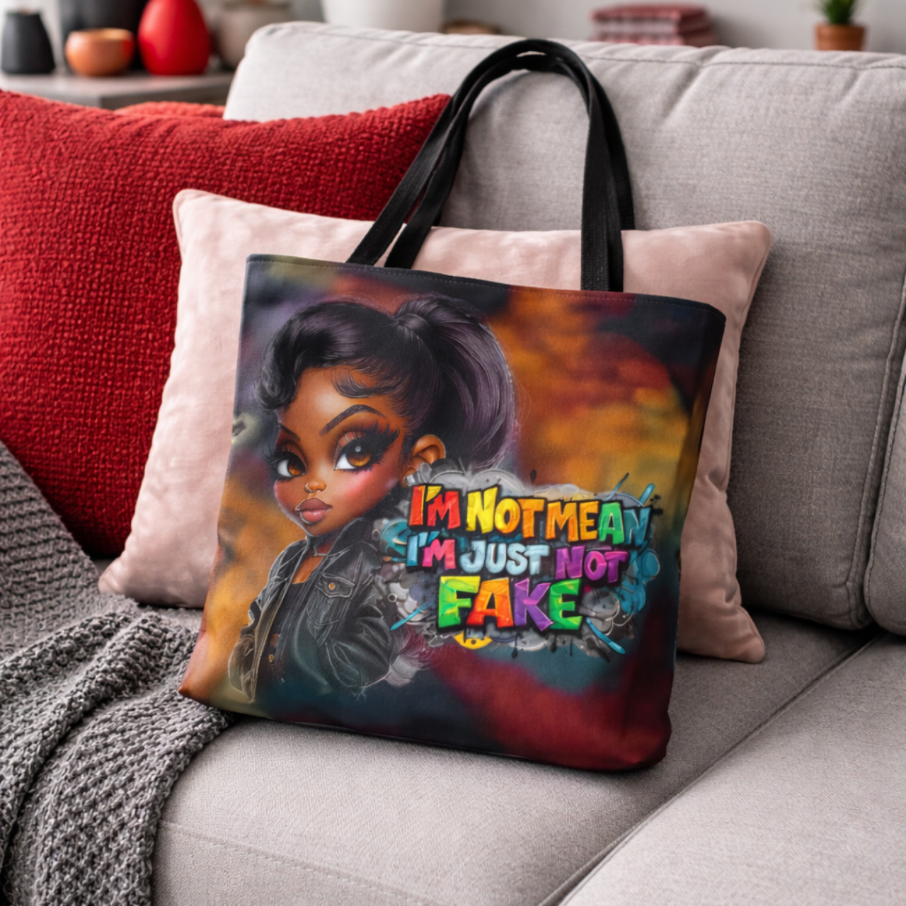 "I'm Not Mean, I'm Just Not Fake" Graphic Cartoon Girl All-Over Print Tote Bag