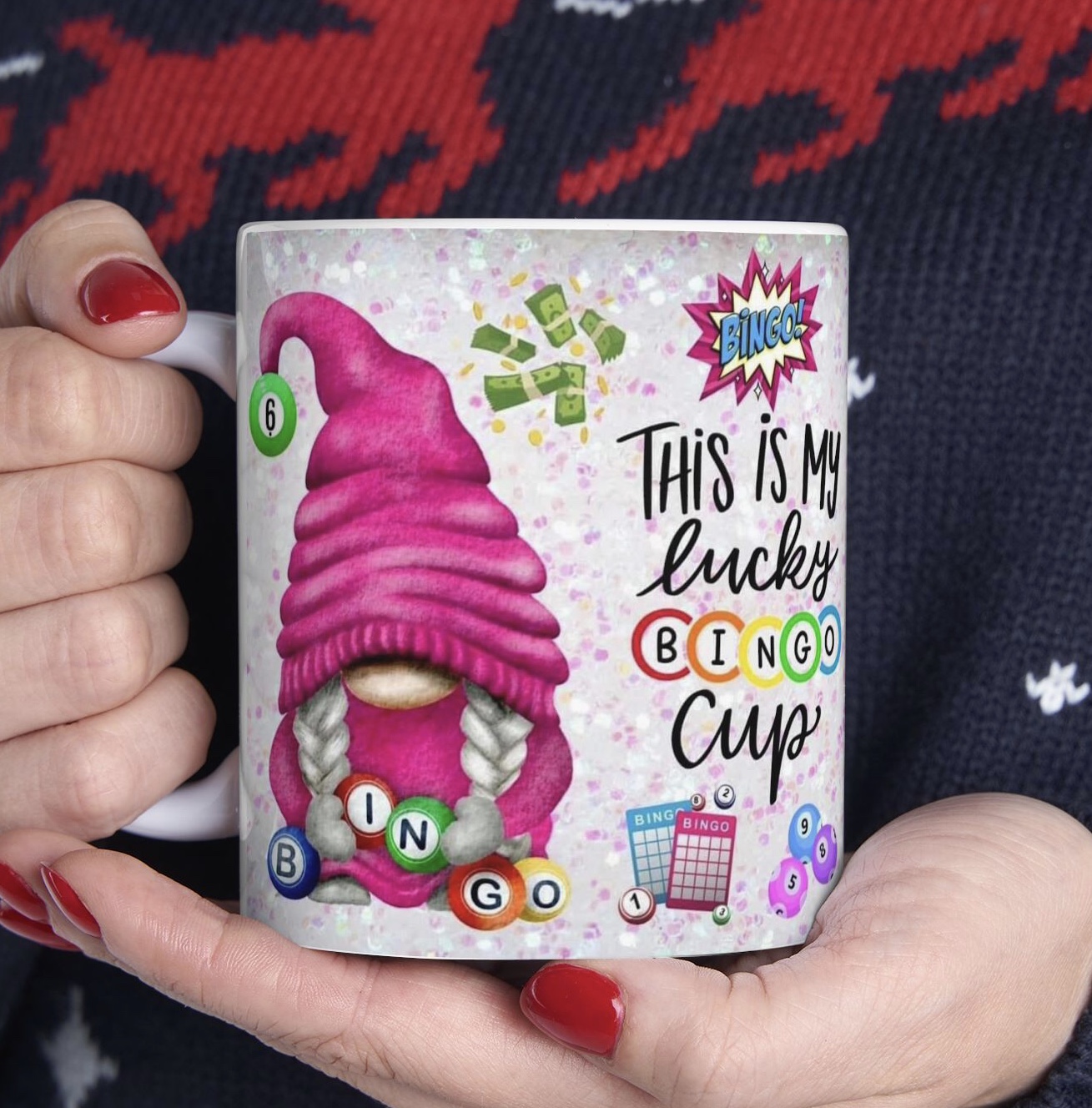 This Is My Lucky Bingo Cup Ceramic Mug — Cute Pink Gnome Bingo Gift (11oz, 15oz) product thumbnail image
