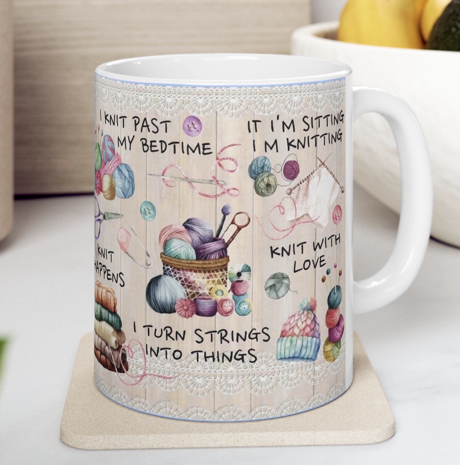 Personalize your Knitting Mug –Two sided print… 'Knit Happens' Yarn &amp; Needles Ceramic Coffee Cup (11oz/15oz) product thumbnail image