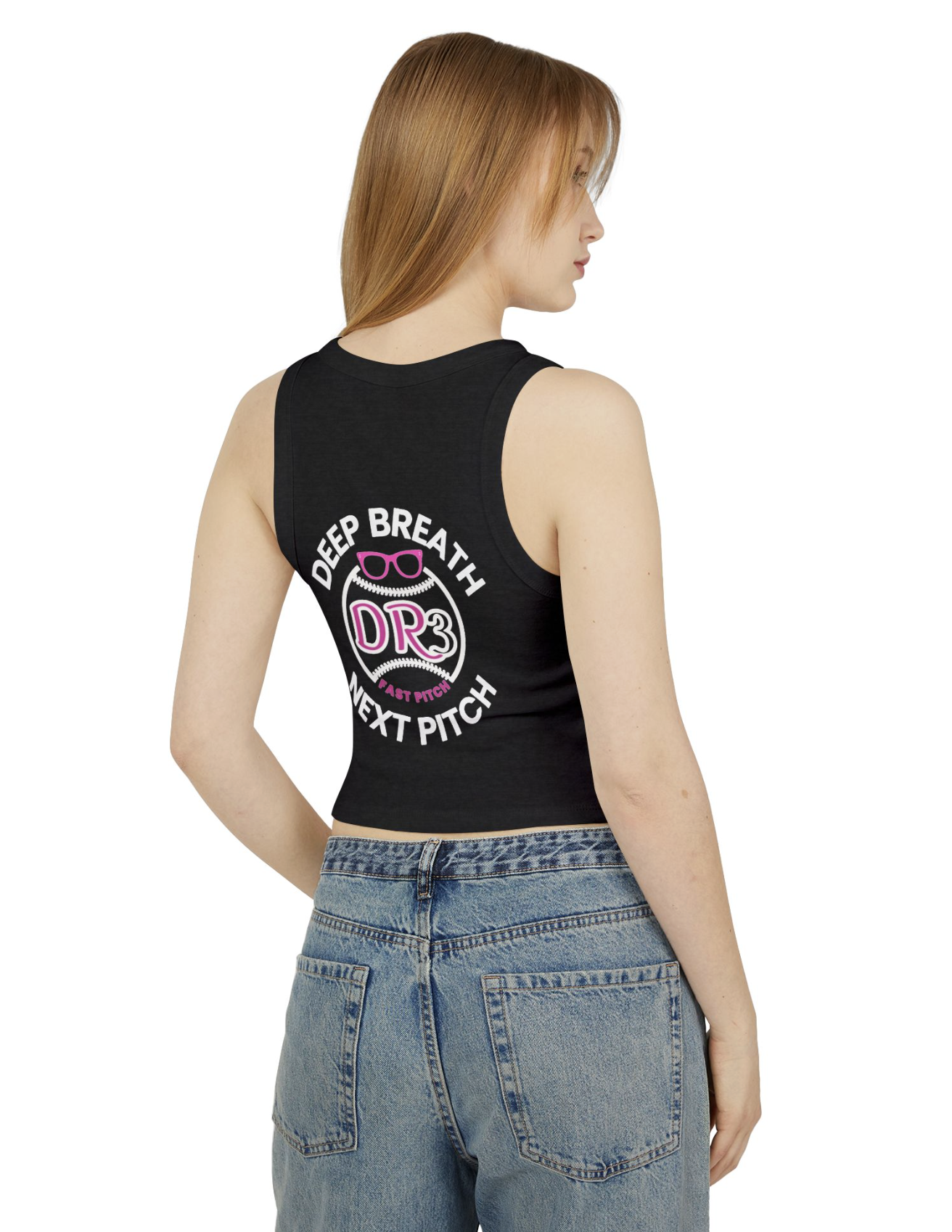 'Deep Breath, Next Pitch' Softball Crop with Faith, Family, Fastpitch Logo - Women's Racer Tank Top product thumbnail image 'Deep Breath, Next Pitch' Softball Crop with Faith, Family, Fastpitch Logo - Women's Racer Tank Top product thumbnail image