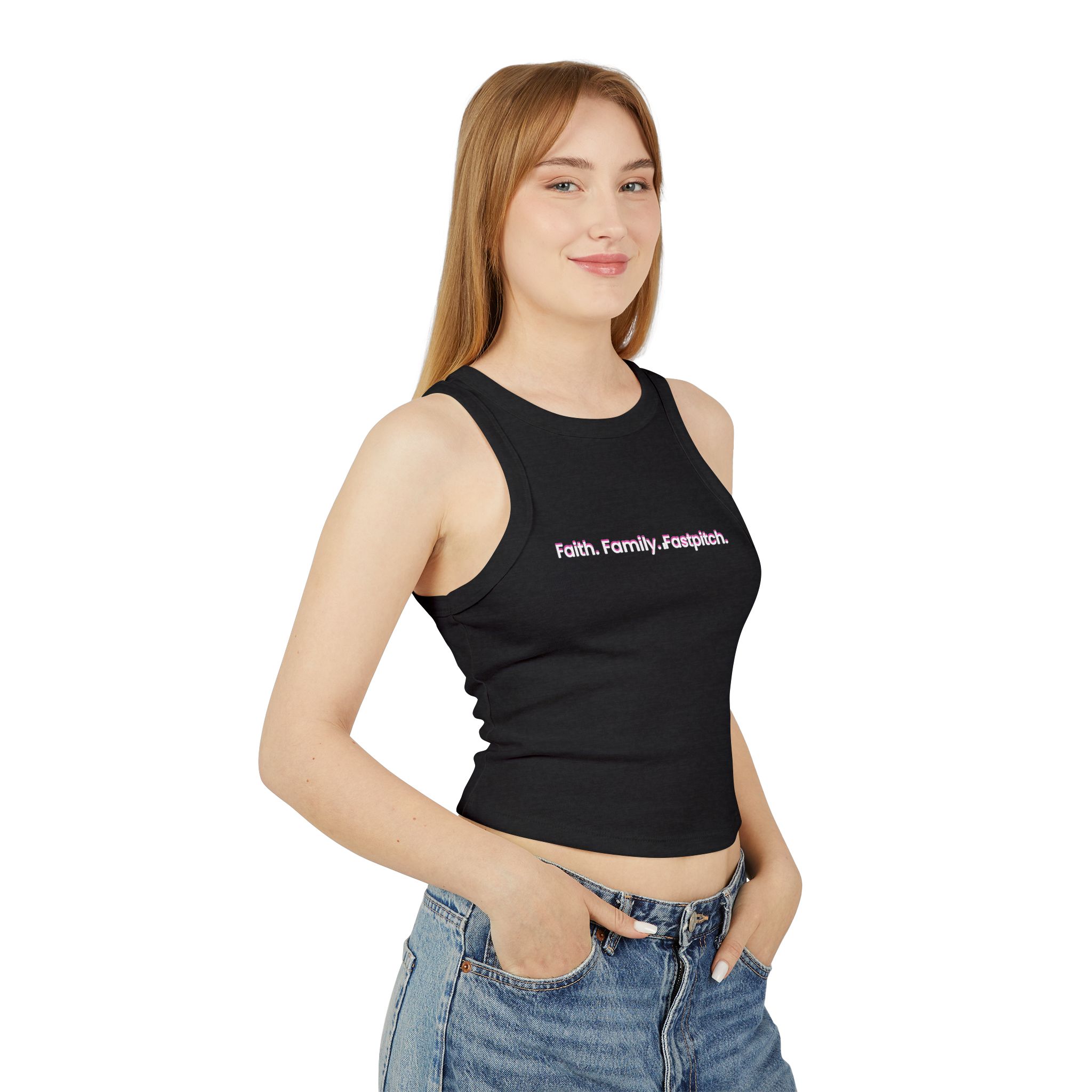 'Deep Breath, Next Pitch' Softball Crop with Faith, Family, Fastpitch Logo - Women's Racer Tank Top product thumbnail image