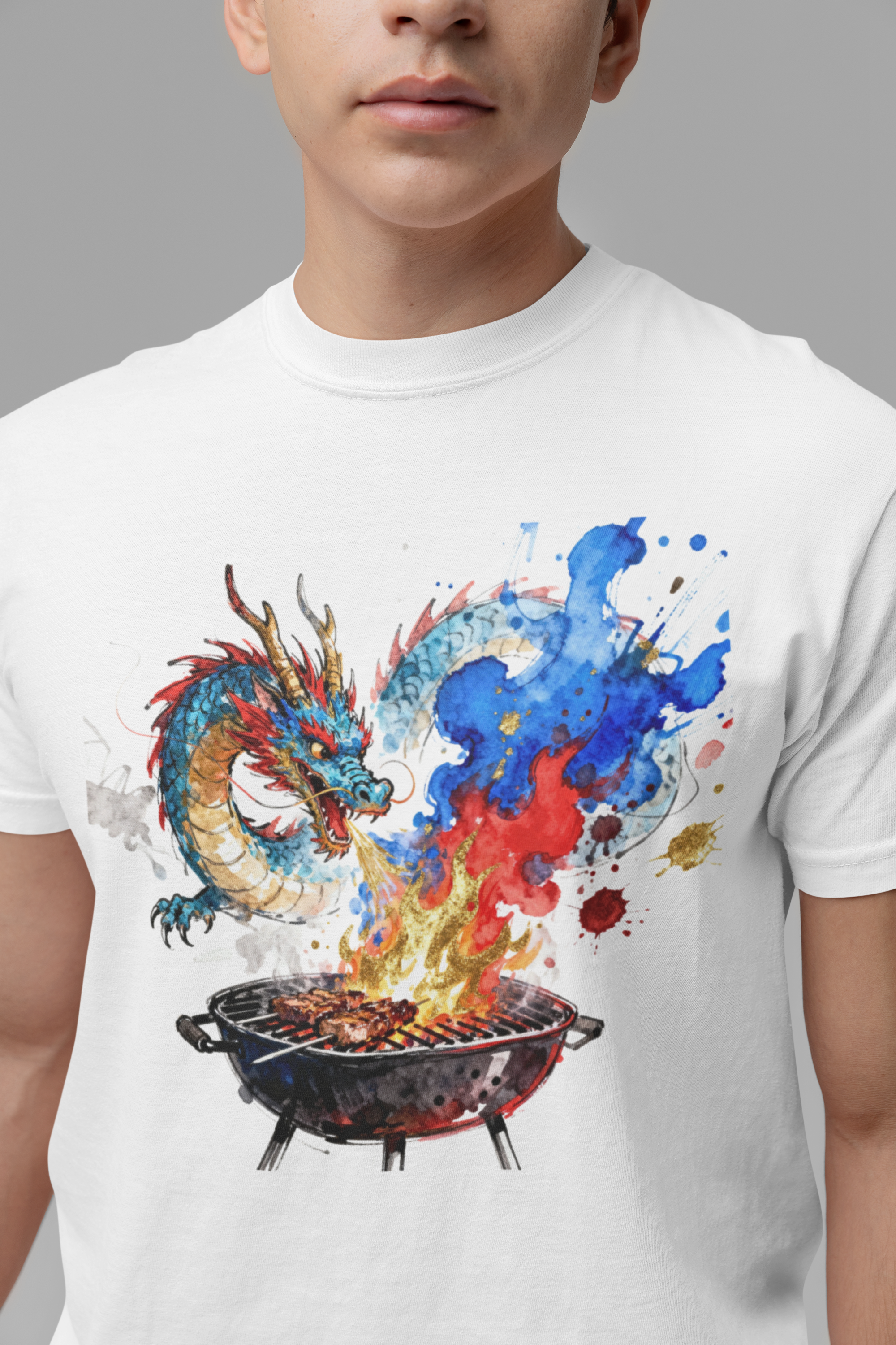 Funny Dragon BBQing on Grill Gildan Softstyle Unisex T-Shirt | Colorful Fire Breathing Dragon Cookout Illustration