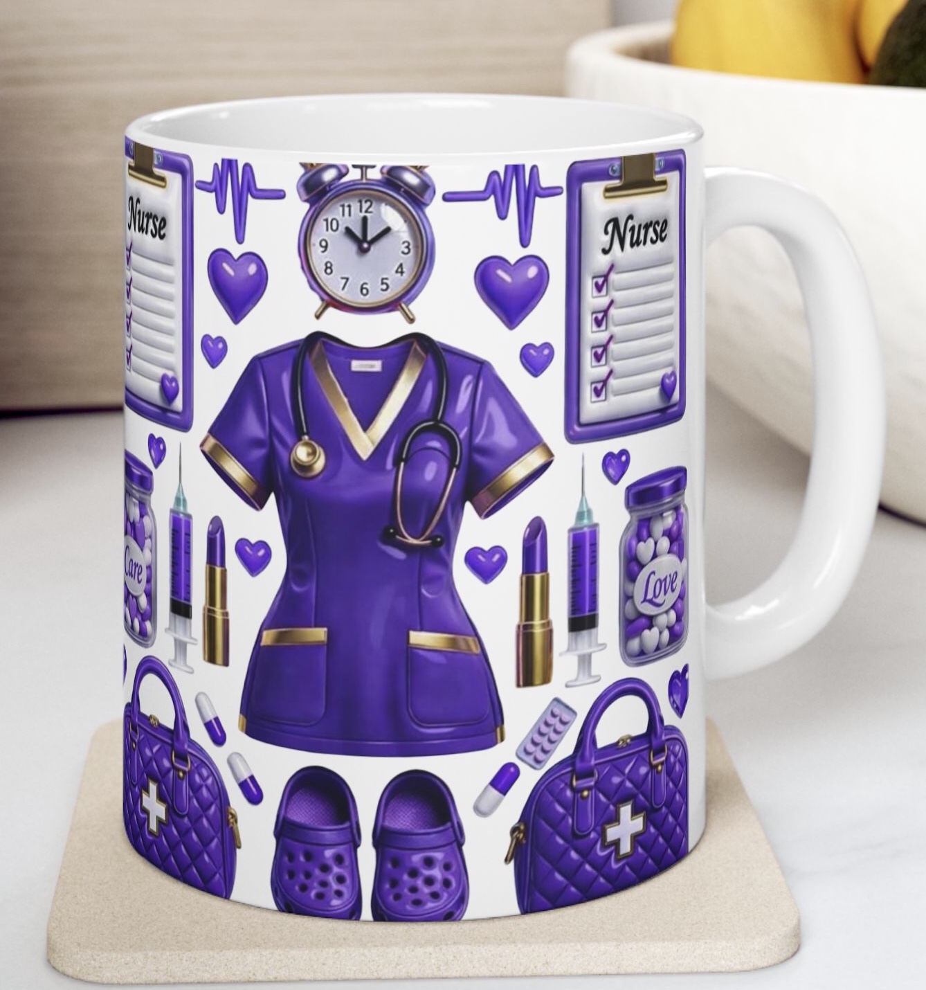 Nurse Essentials Ceramic Mug — Purple Nursing Icons (Love • Care) product thumbnail image Nurse Essentials Ceramic Mug — Purple Nursing Icons (Love • Care) product thumbnail image