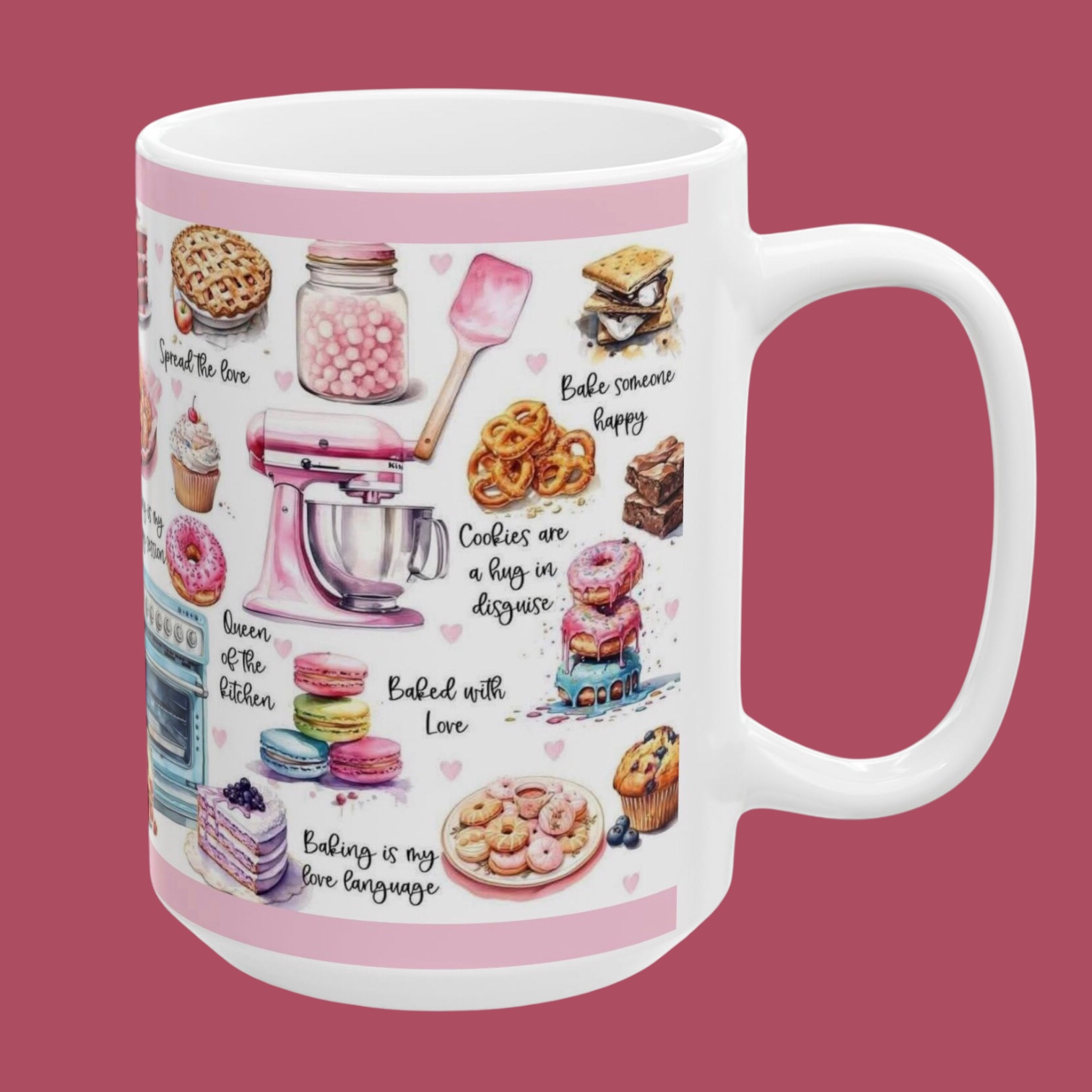 Baker Life Ceramic Mug — Pink Pastry Illustration Coffee Cup (11oz/15oz) product thumbnail image