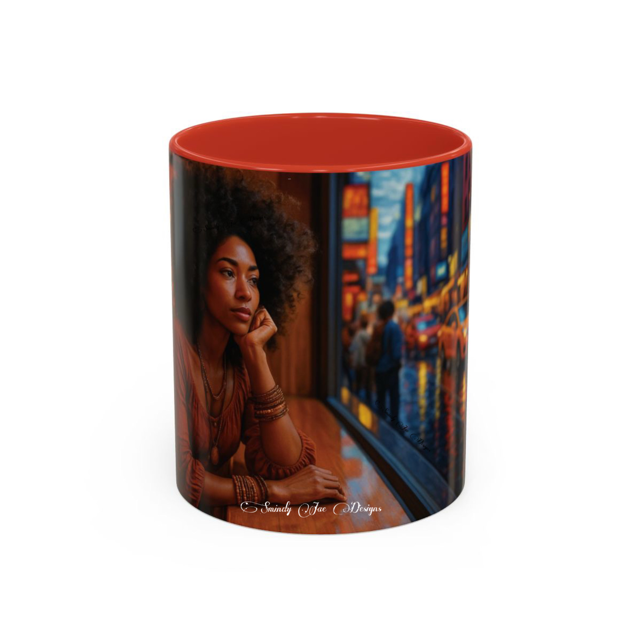 Afrocentric Mug Black Woman with Natural Hair &amp; Cityscape Reflections - Accent Coffee Mug, Collectible, Cozy Mornings