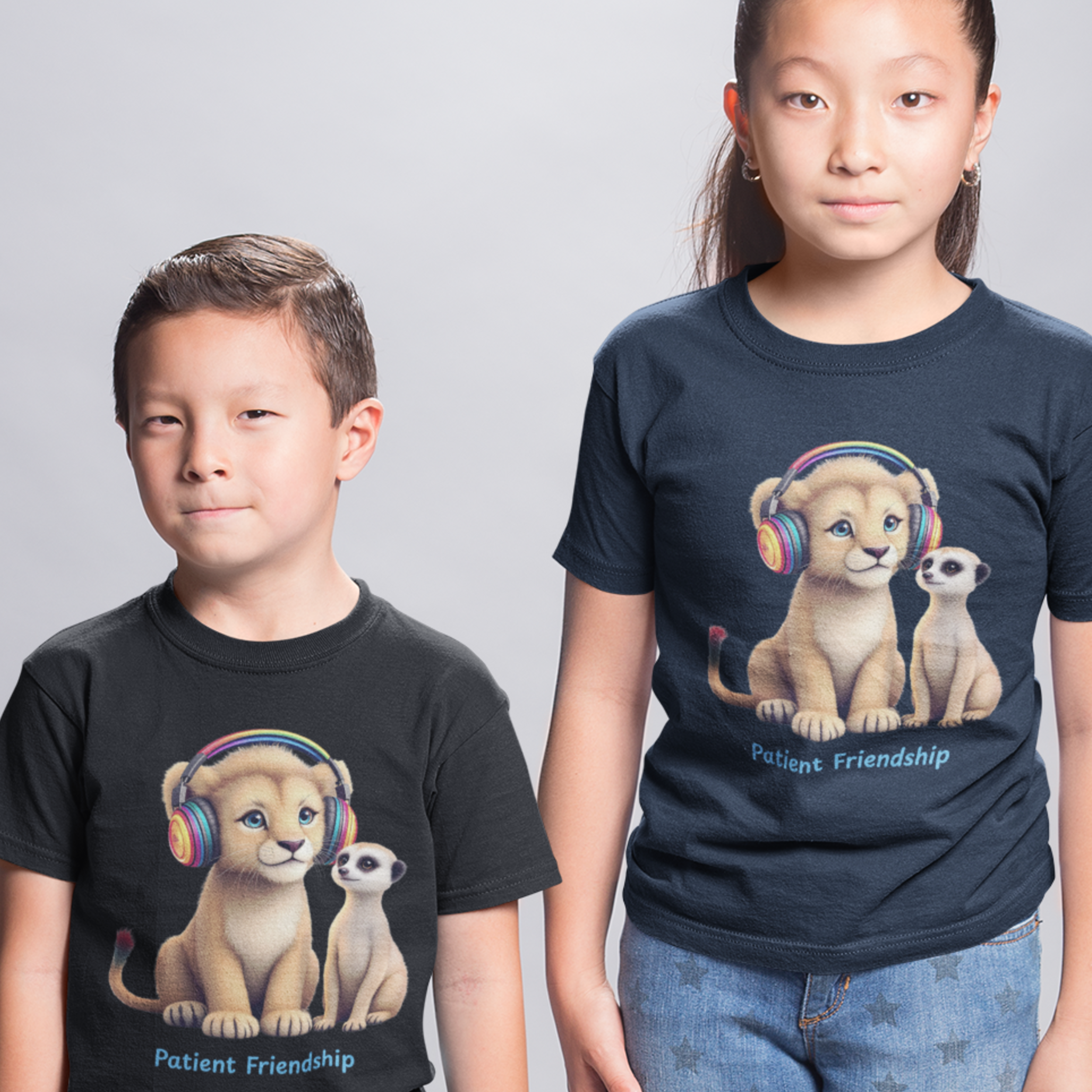 Cute Lion & Meerkat Friends with Headphones “Patient Friendship” Gildan Unisex Kids Tee | Autism Awareness Neurodiversity Acceptance Understanding and Empowerment Graphic T-Shirt product thumbnail image Cute Lion & Meerkat Friends with Headphones “Patient Friendship” Gildan Unisex Kids Tee | Autism Awareness Neurodiversity Acceptance Understanding and Empowerment Graphic T-Shirt product thumbnail image
