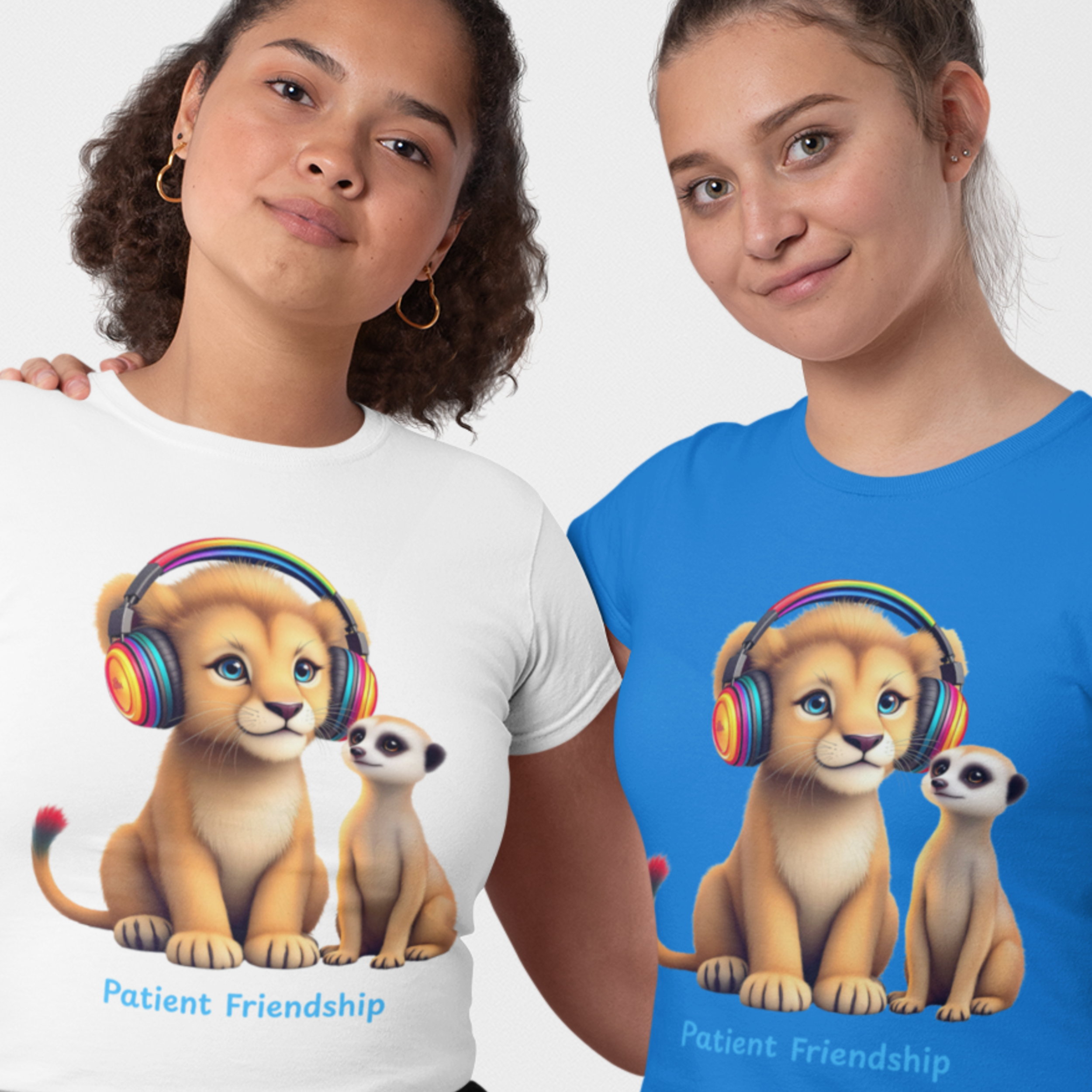 Cute Lion & Meerkat Friends with Headphones “Patient Friendship” Gildan Softstyle Unisex Adult Tee | Autism Awareness Neurodiversity Acceptance Understanding and Empowerment Graphic T-Shirt product thumbnail image Cute Lion & Meerkat Friends with Headphones “Patient Friendship” Gildan Softstyle Unisex Adult Tee | Autism Awareness Neurodiversity Acceptance Understanding and Empowerment Graphic T-Shirt product thumbnail image