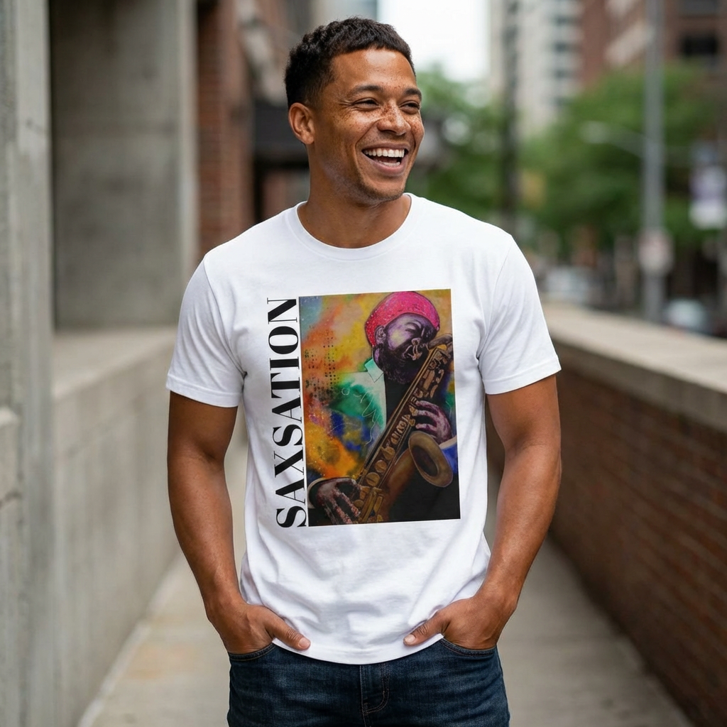 Saxsation Saxophone Portrait Tee — Colorful Jazz Music Graphic Shirt product thumbnail image