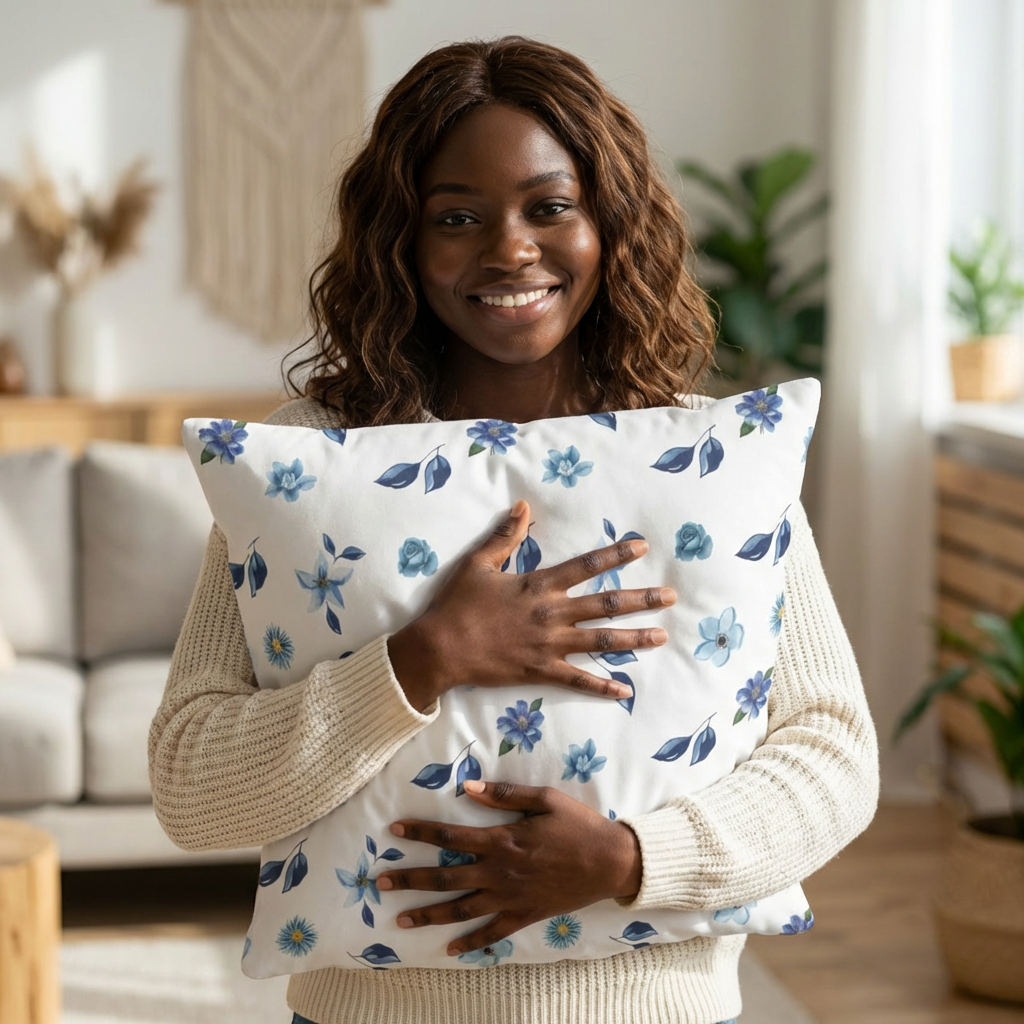 Blue Floral Lumbar Pillow — Watercolor Blossom Decorative Pillow