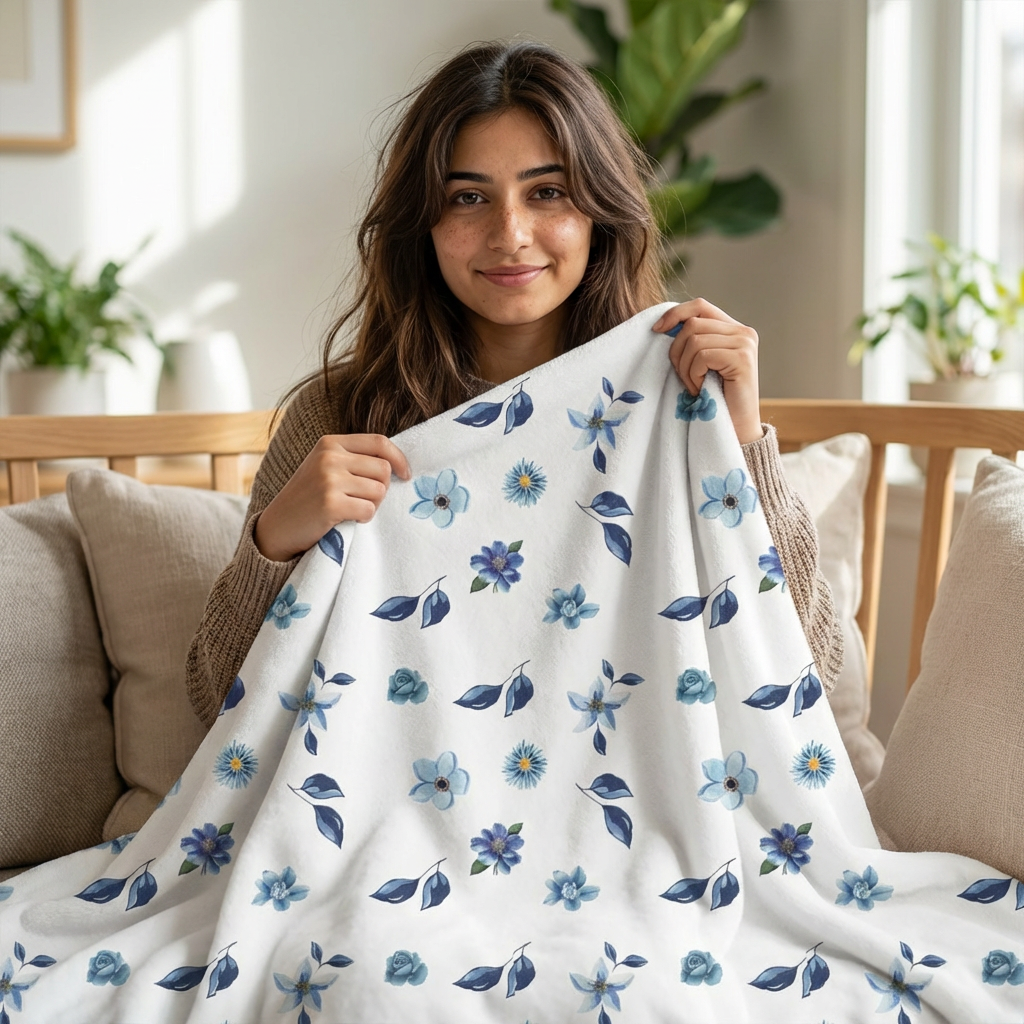 Blue Floral Minky Blanket – Soft Watercolor Flower Throw product thumbnail image